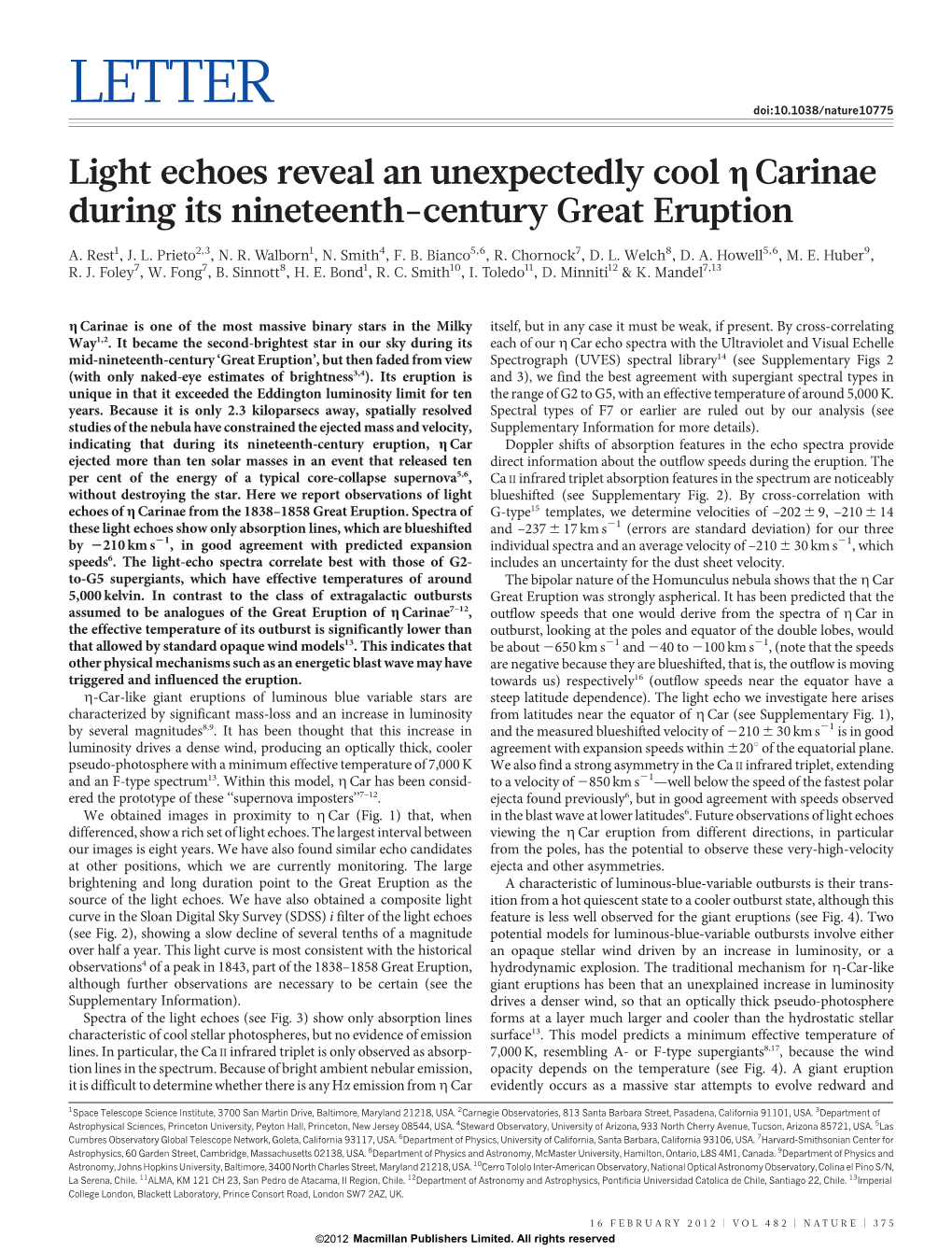 Light Echoes Reveal an Unexpectedly Cool Η Carinae During Its Nineteenth