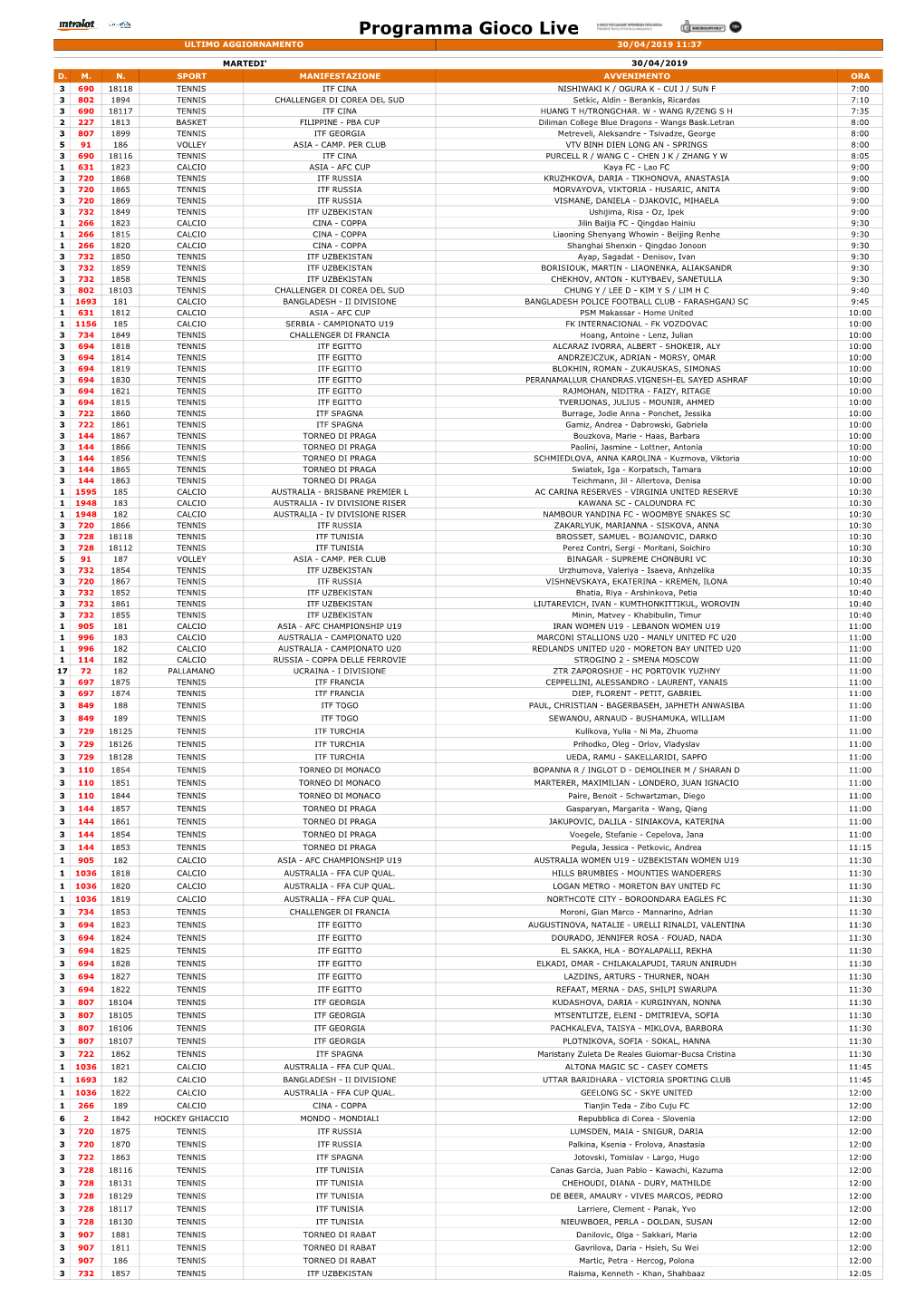 Programma Gioco Live ULTIMO AGGIORNAMENTO 30/04/2019 11:37