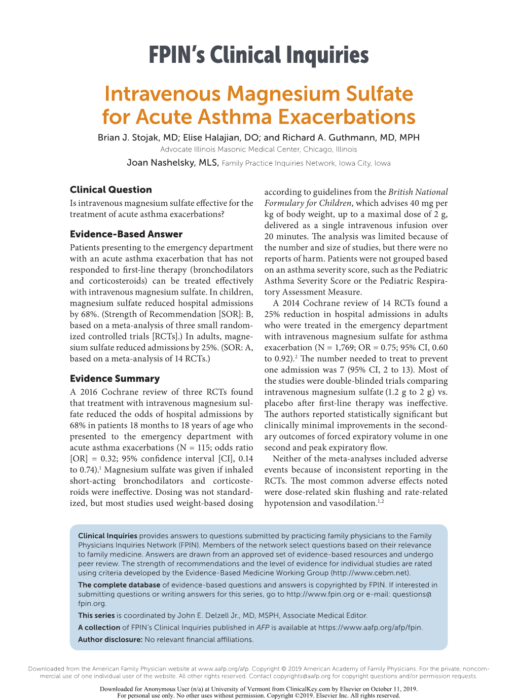 Intravenous Magnesium Sulfate for Acute Asthma Exacerbations Brian J