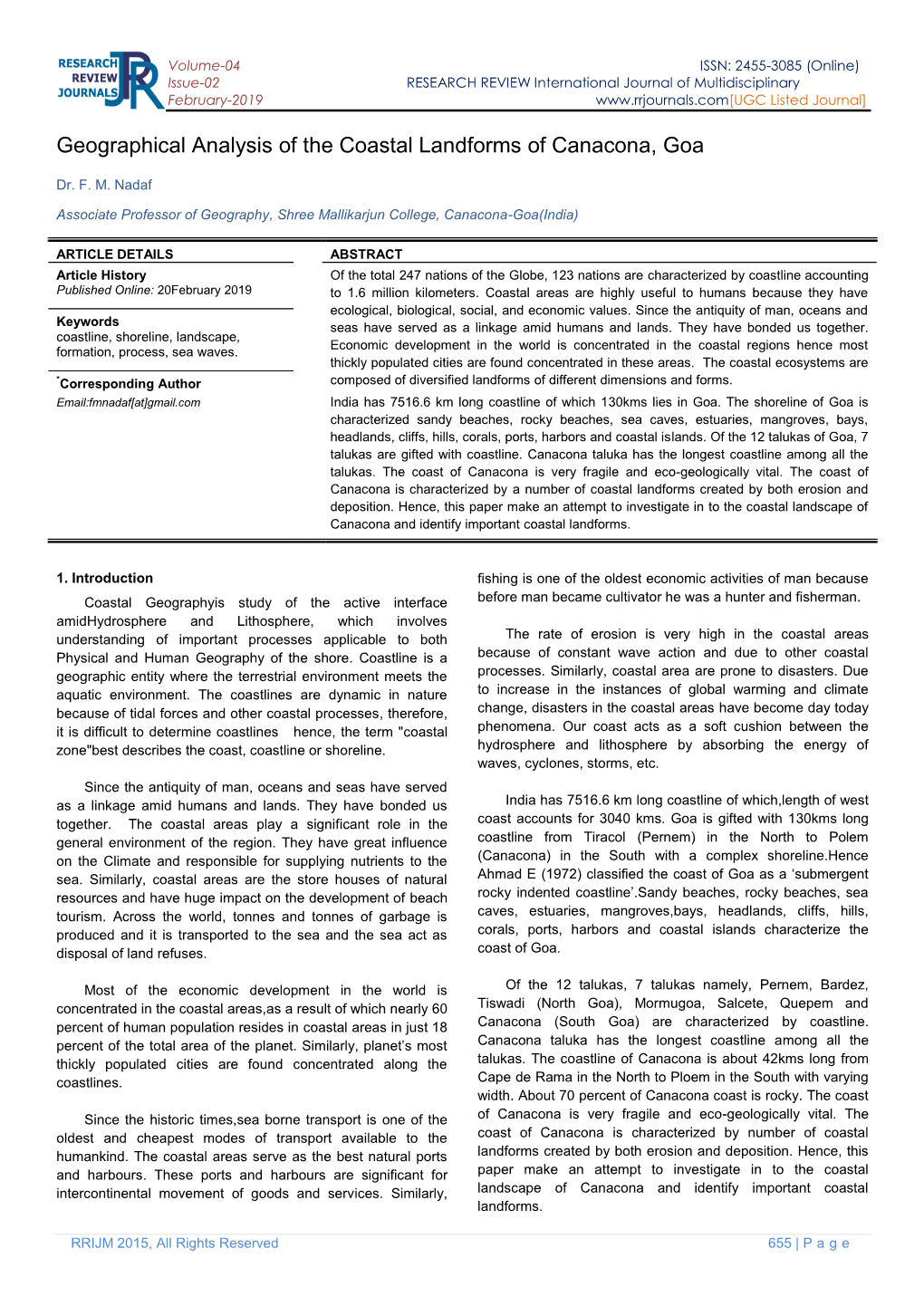 Geographical Analysis of the Coastal Landforms of Canacona, Goa