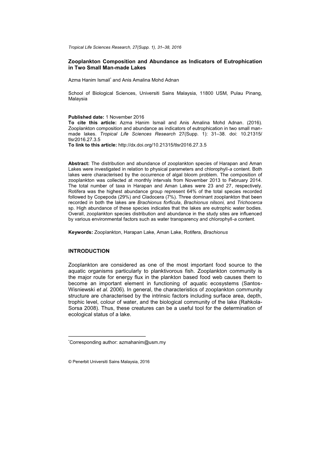 Zooplankton Composition and Abundance As Indicators of Eutrophication in Two Small Man-Made Lakes