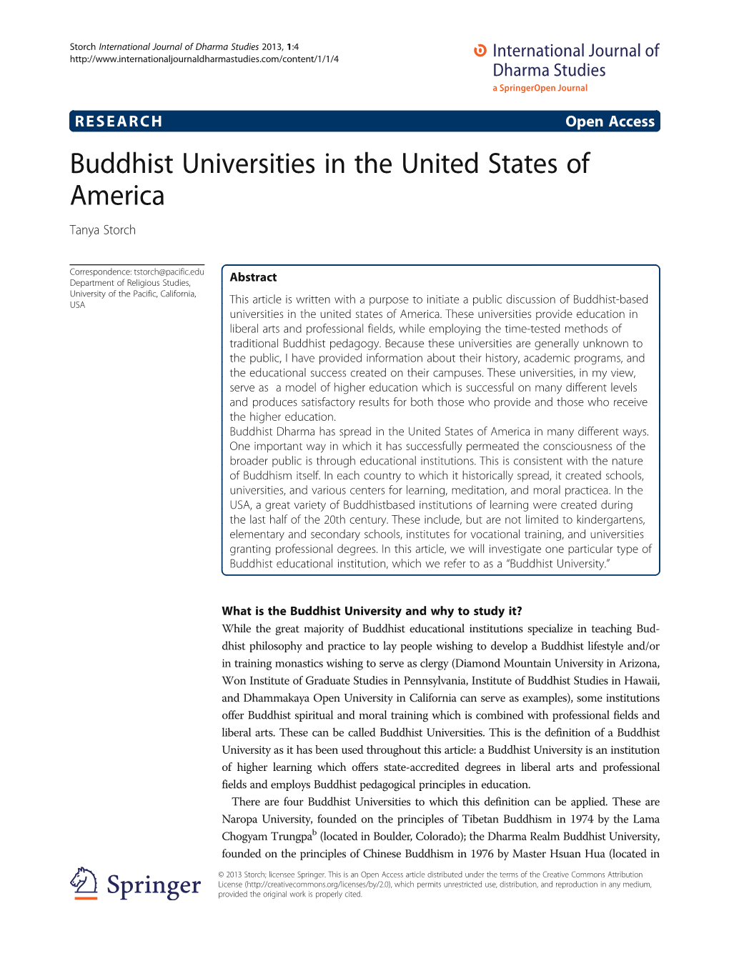 Buddhist Universities in the United States of America Tanya Storch