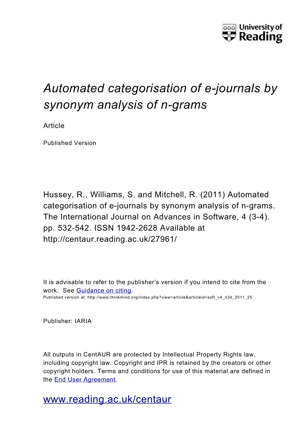 Automated Categorisation of E-Journals by Synonym Analysis of N-Grams