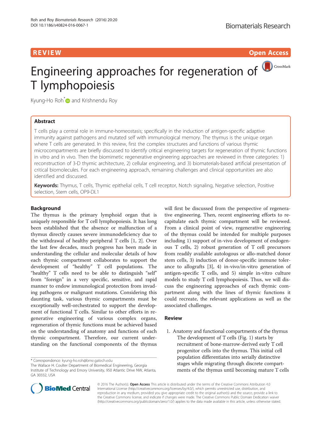 Engineering Approaches for Regeneration of T Lymphopoiesis Kyung-Ho Roh* and Krishnendu Roy