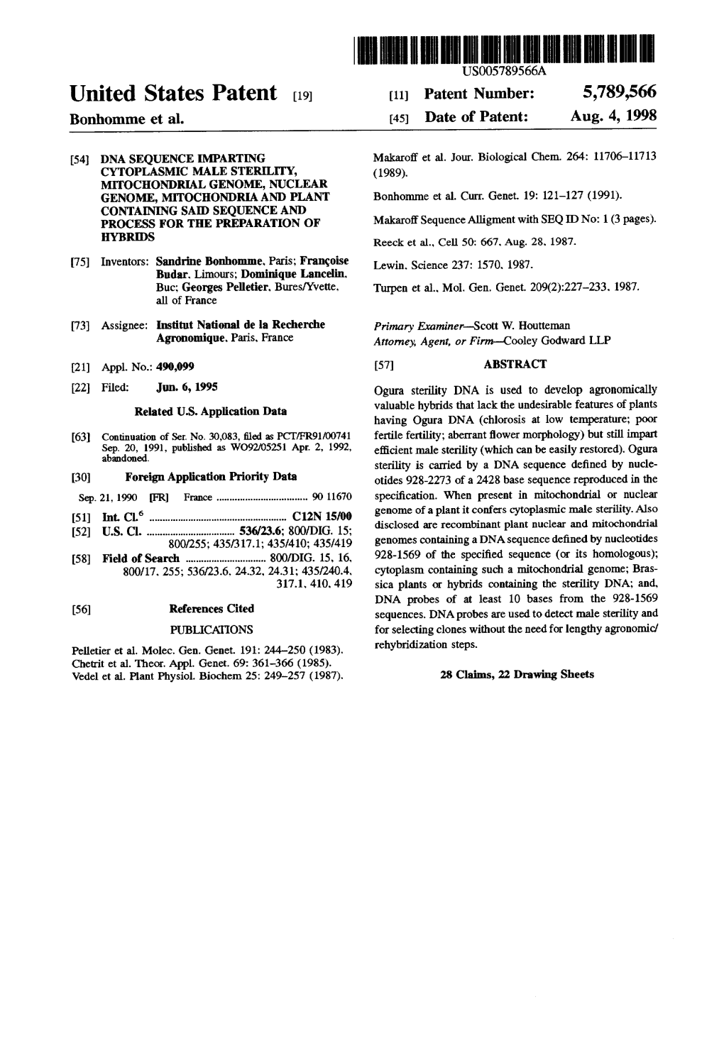 United States Patent (19) 11 Patent Number: 5,789,566 Bonhomme Et Al