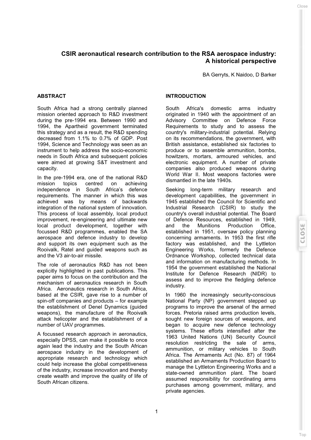 CSIR Aeronautical Research Contribution to the RSA Aerospace Industry: a Historical Perspective