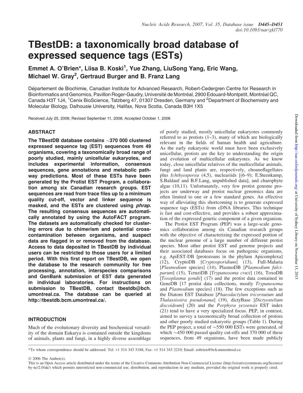 Tbestdb: a Taxonomically Broad Database of Expressed Sequence Tags (Ests) Emmet A
