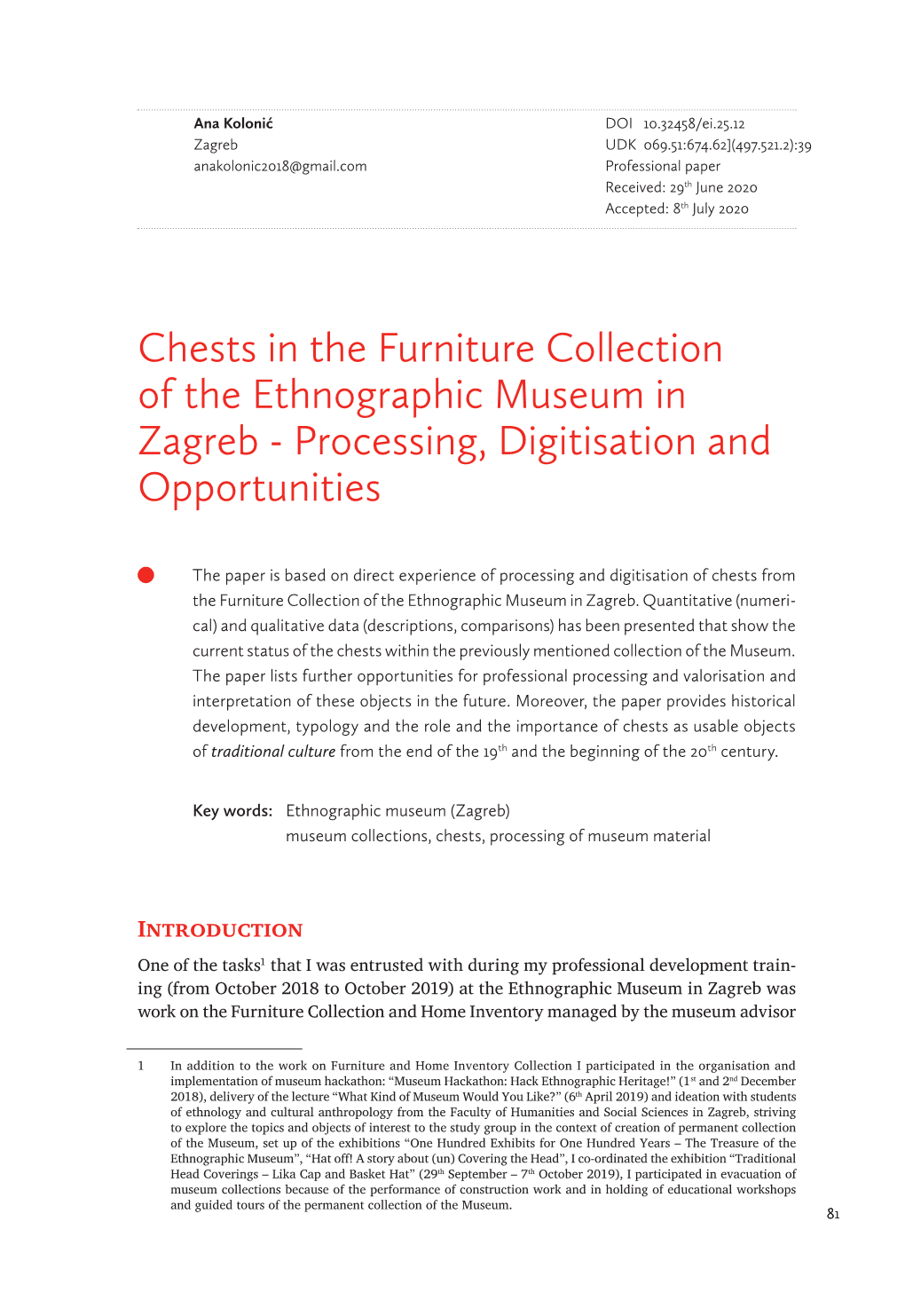 Chests in the Furniture Collection of the Ethnographic Museum in Zagreb - Processing, Digitisation and Opportunities