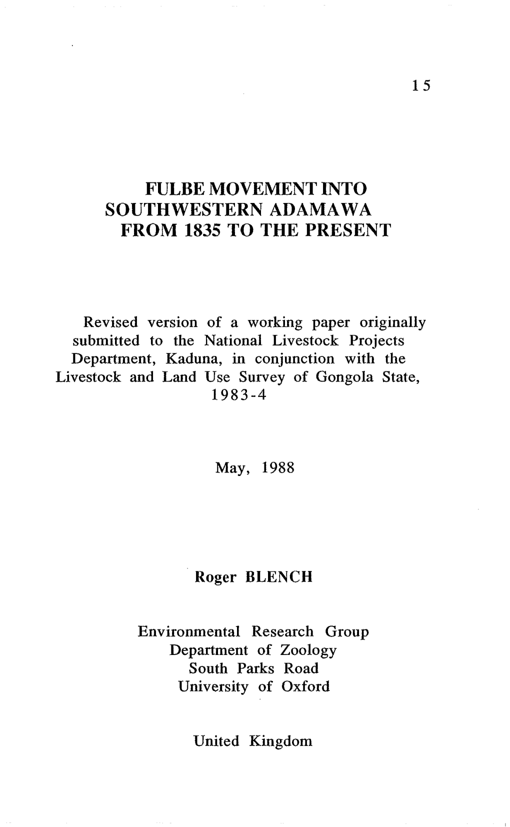 Fulbe Movement Into Southwestern Adamawa from 1835 to the Present