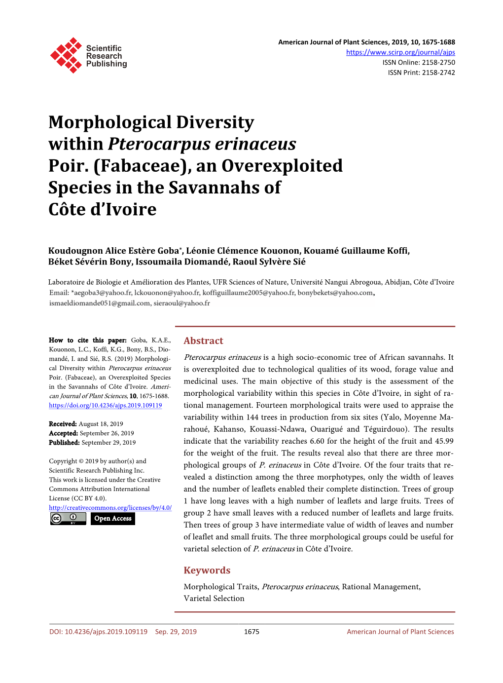 Morphological Diversity Within Pterocarpus Erinaceus Poir. (Fabaceae), an Overexploited Species in the Savannahs of Côte D’Ivoire