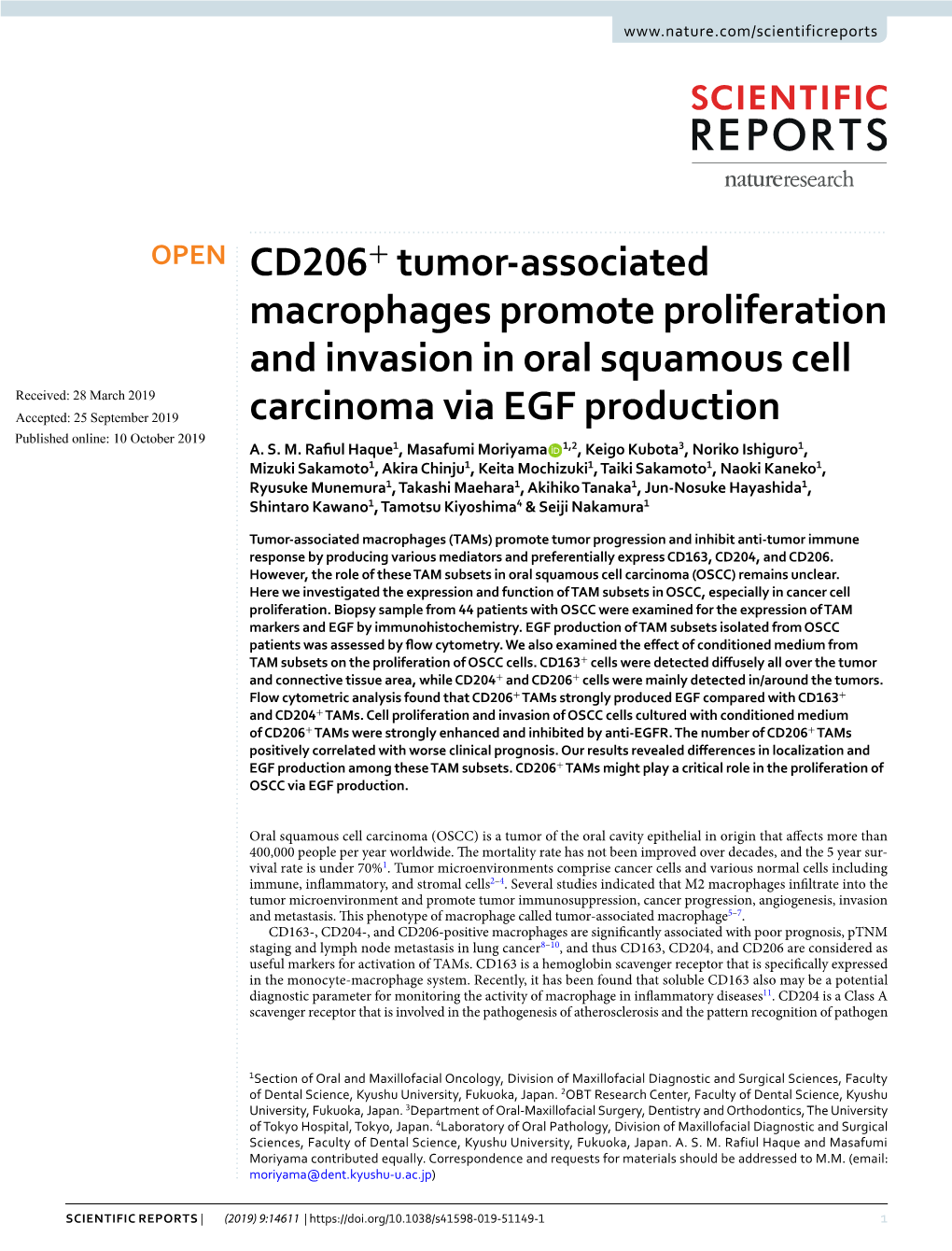 CD206+ Tumor-Associated Macrophages Promote Proliferation and Invasion in Oral Squamous Cell Carcinoma Via EGF Production