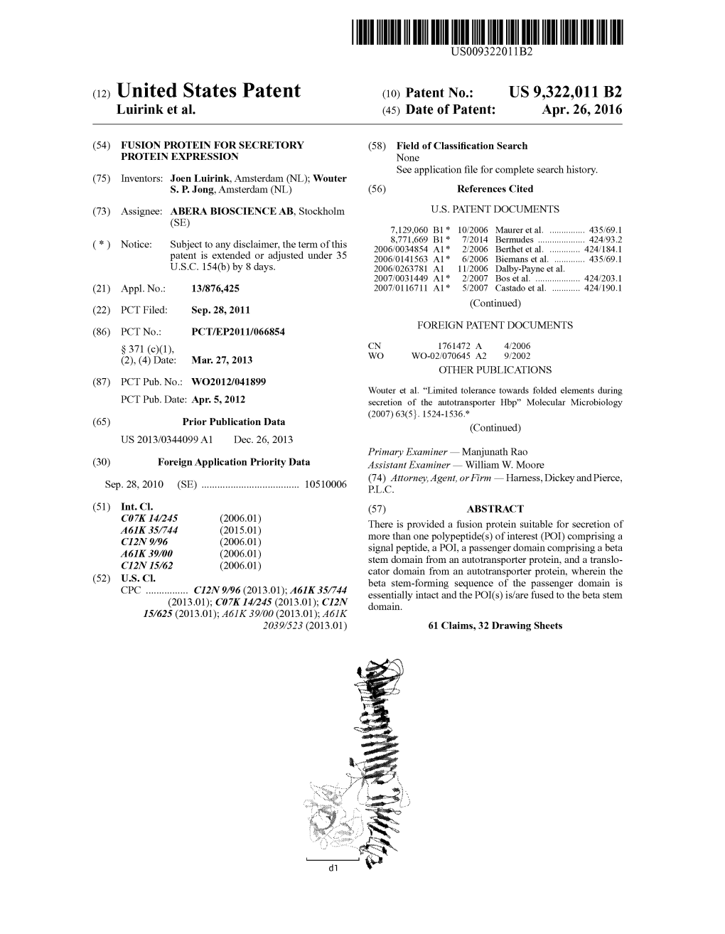 (12) United States Patent (10) Patent No.: US 9,322,011 B2 Luirink Et Al