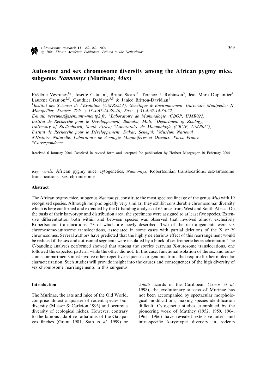 Autosome and Sex Chromosome Diversity Among the African Pygmy Mice, Subgenus Nannomys (Murinae; Mus)