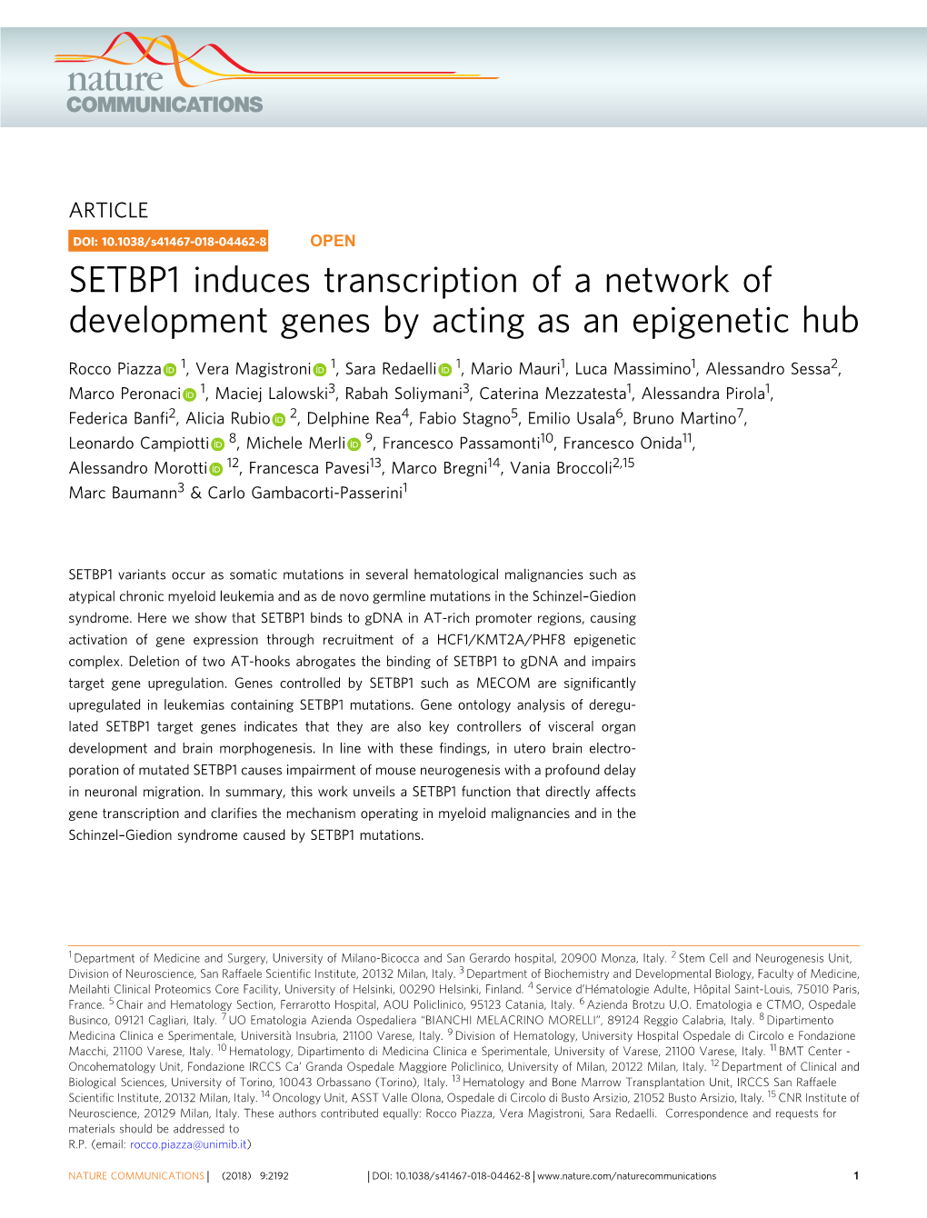 SETBP1 Induces Transcription of a Network of Development Genes by Acting As an Epigenetic Hub