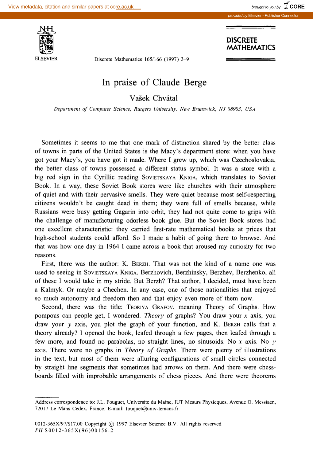 In Praise of Claude Berge