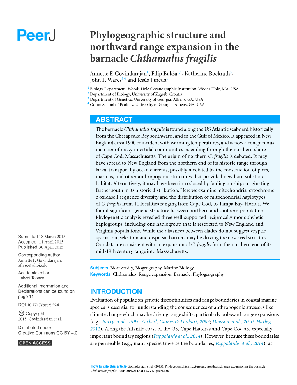 Phylogeographic Structure and Northward Range Expansion in the Barnacle Chthamalus Fragilis
