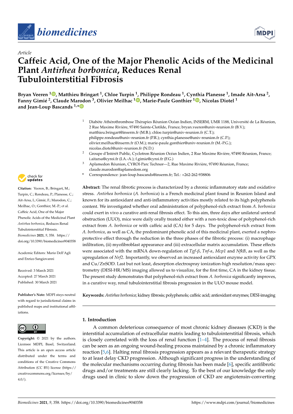 Caffeic Acid, One of the Major Phenolic Acids of the Medicinal Plant Antirhea Borbonica, Reduces Renal Tubulointerstitial Fibrosis