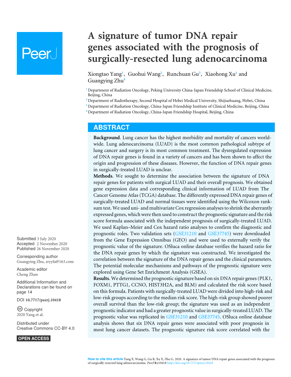 A Signature of Tumor DNA Repair Genes Associated with the Prognosis of Surgically-Resected Lung Adenocarcinoma