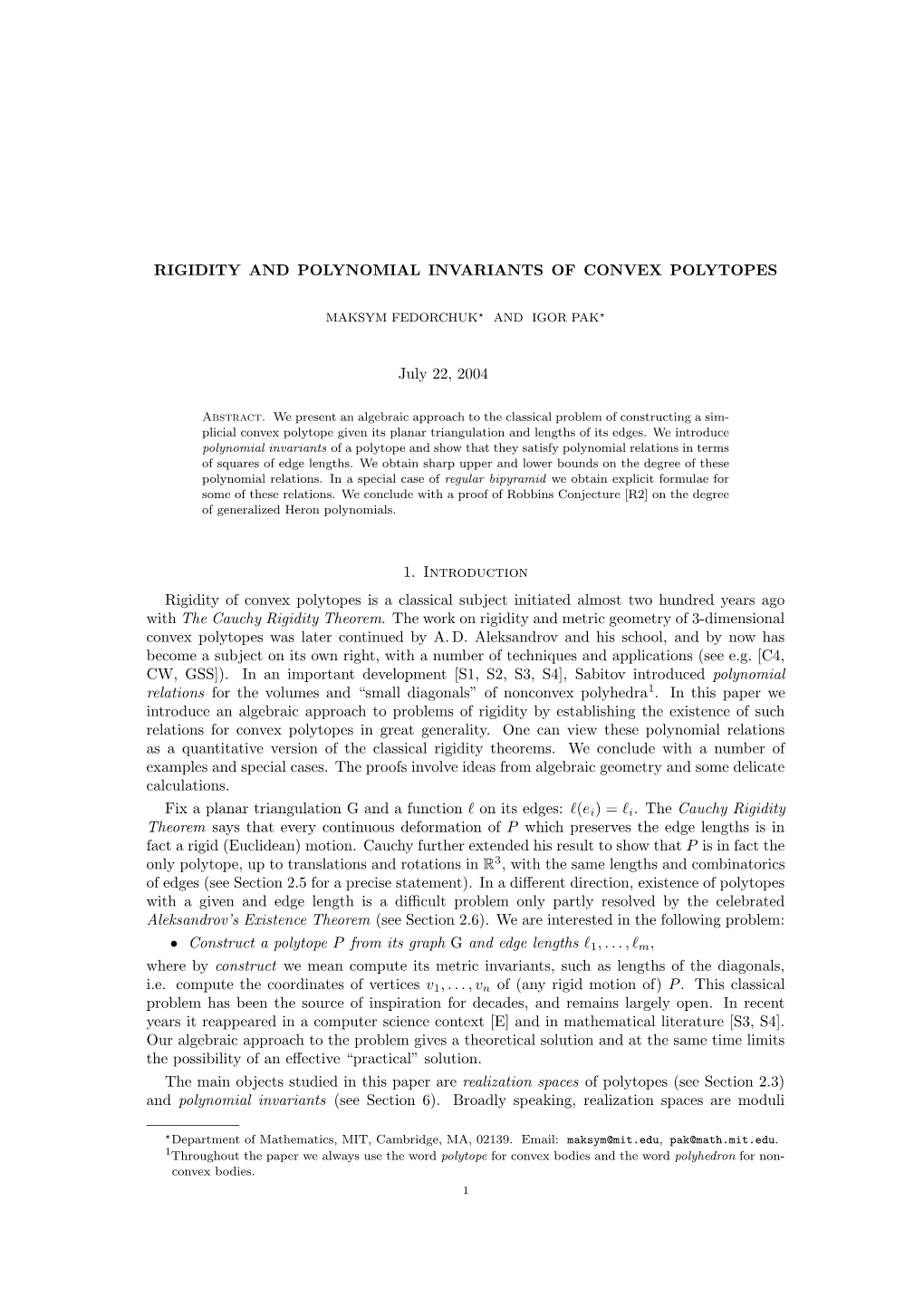 Rigidity and Polynomial Invariants of Convex Polytopes