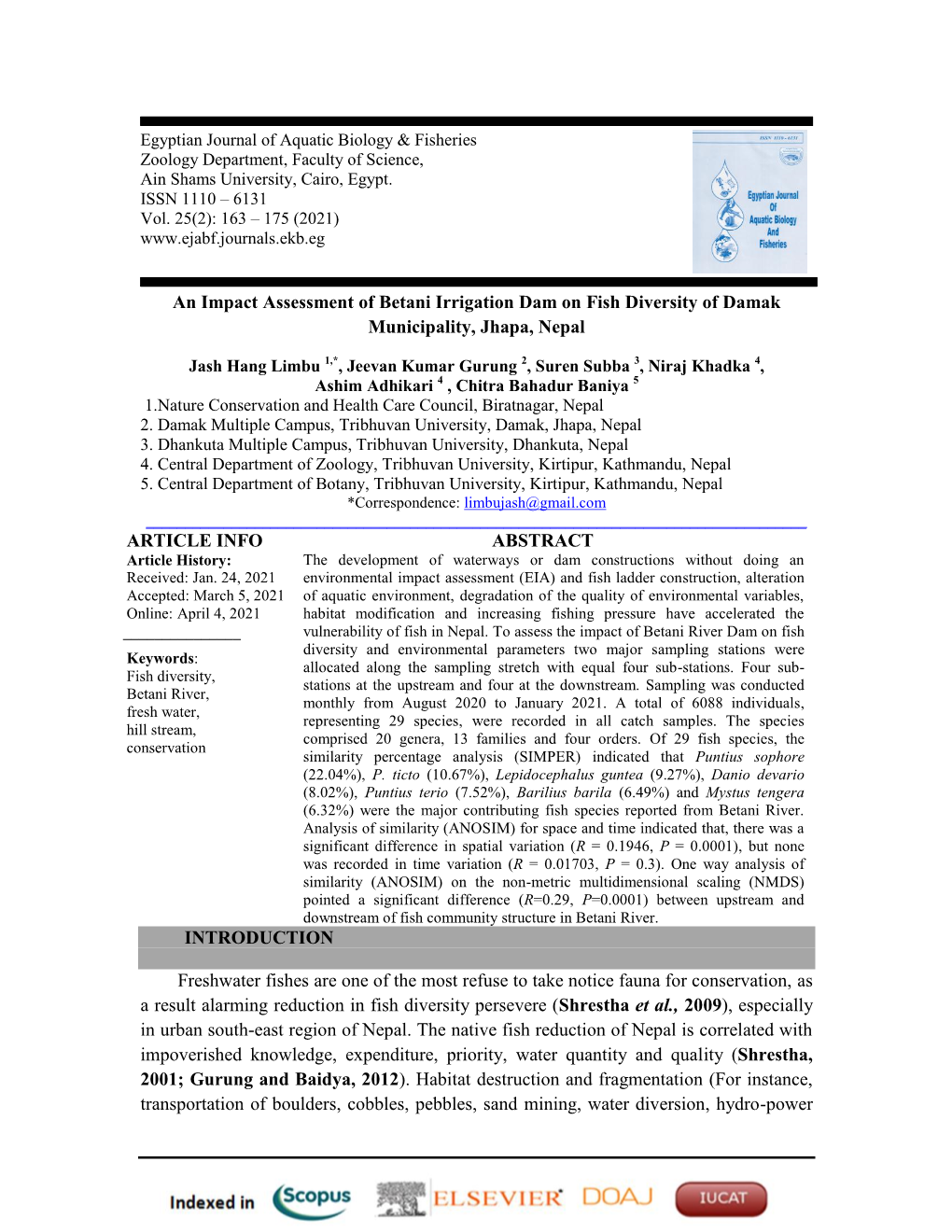 An Impact Assessment of Betani Irrigation Dam on Fish Diversity of Damak Municipality, Jhapa, Nepal