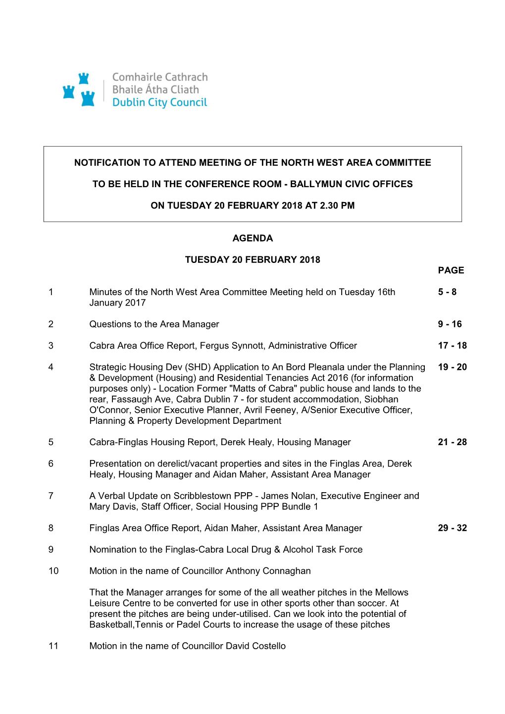 (Public Pack)Agenda Document for North West Area Committee, 20/02