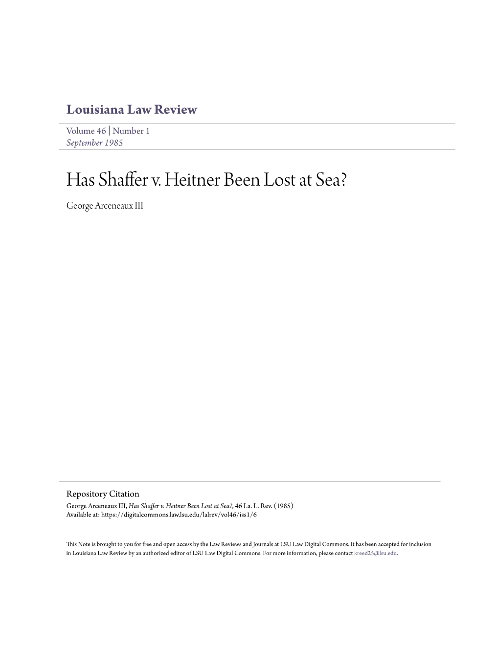 Has Shaffer V. Heitner Been Lost at Sea? George Arceneaux III