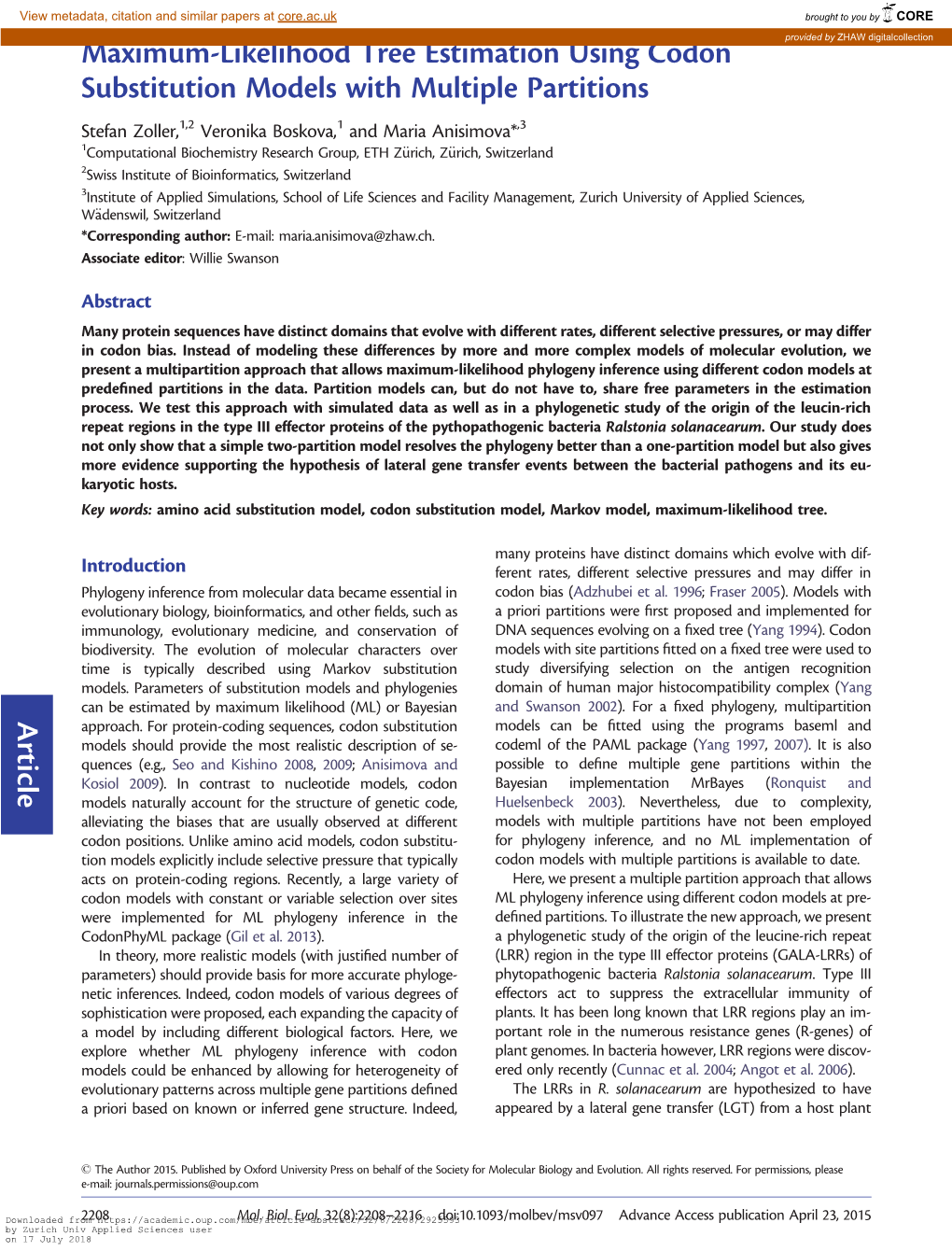 Article Maximum-Likelihood Tree Estimation Using Codon