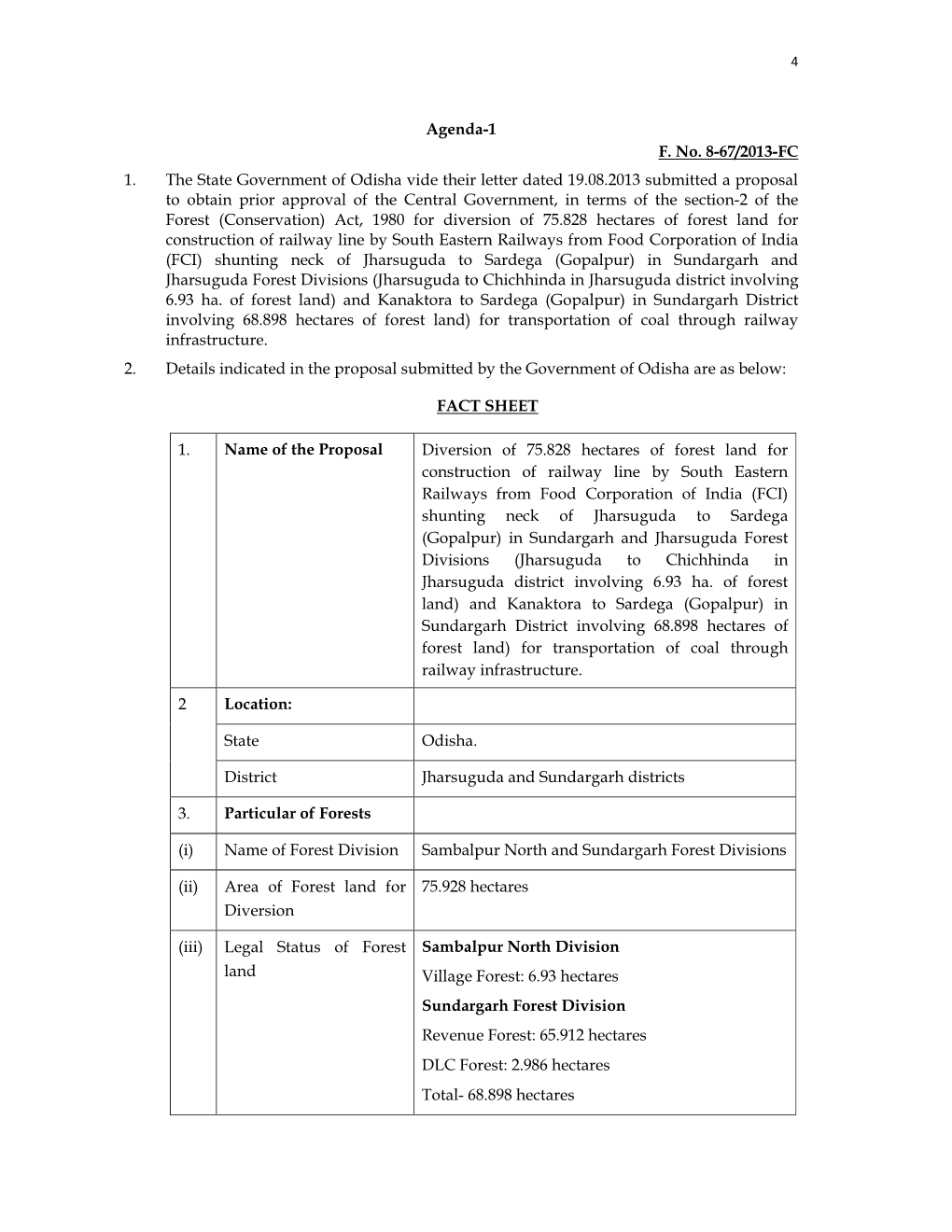 Agenda-1 F. No. 8-67/2013-FC 1. the State Government of Odisha Vide