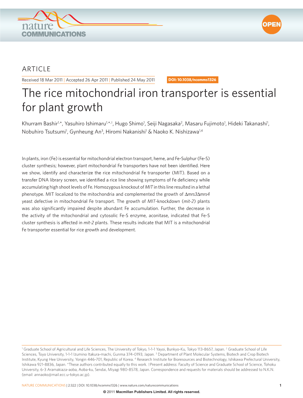 The Rice Mitochondrial Iron Transporter Is Essential for Plant Growth