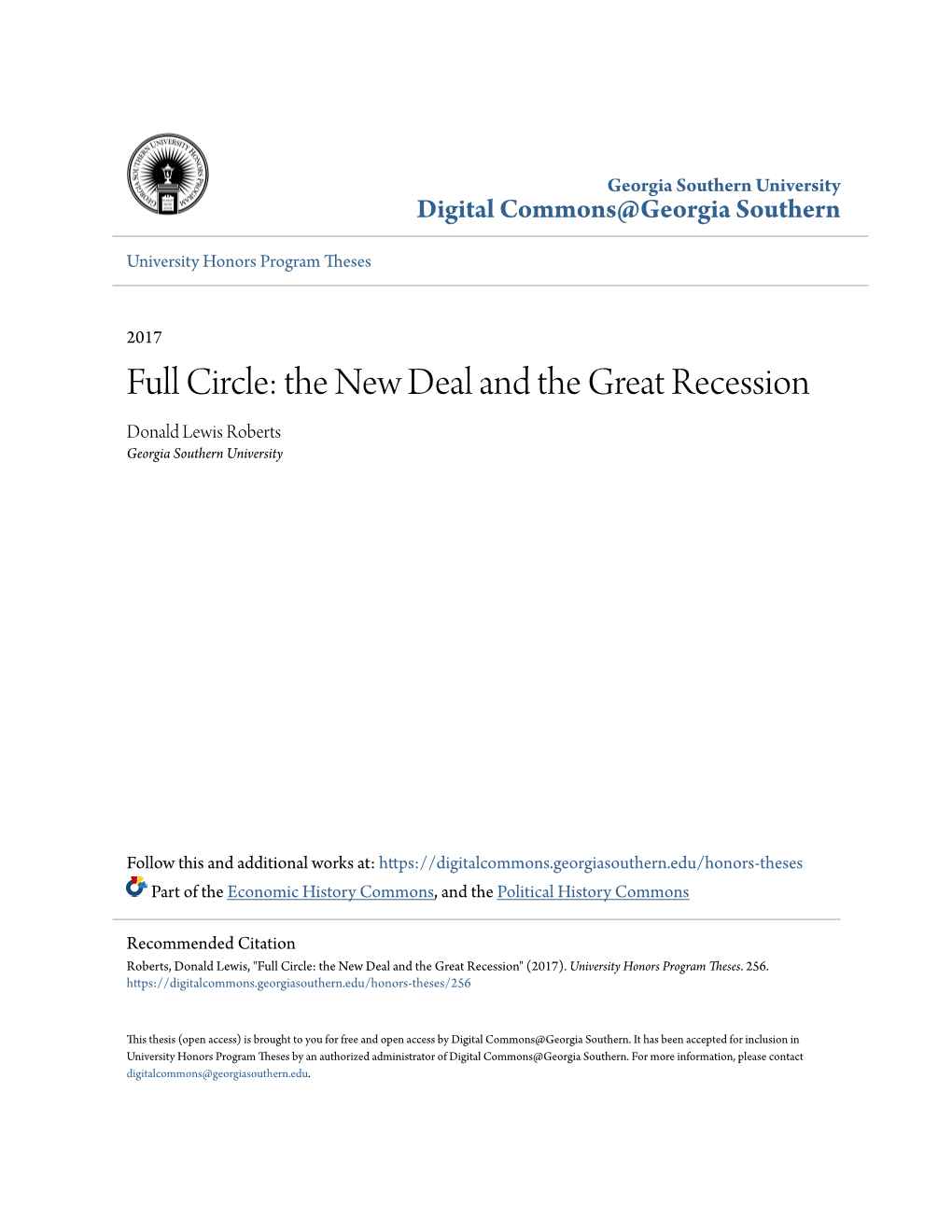 The New Deal and the Great Recession Donald Lewis Roberts Georgia Southern University