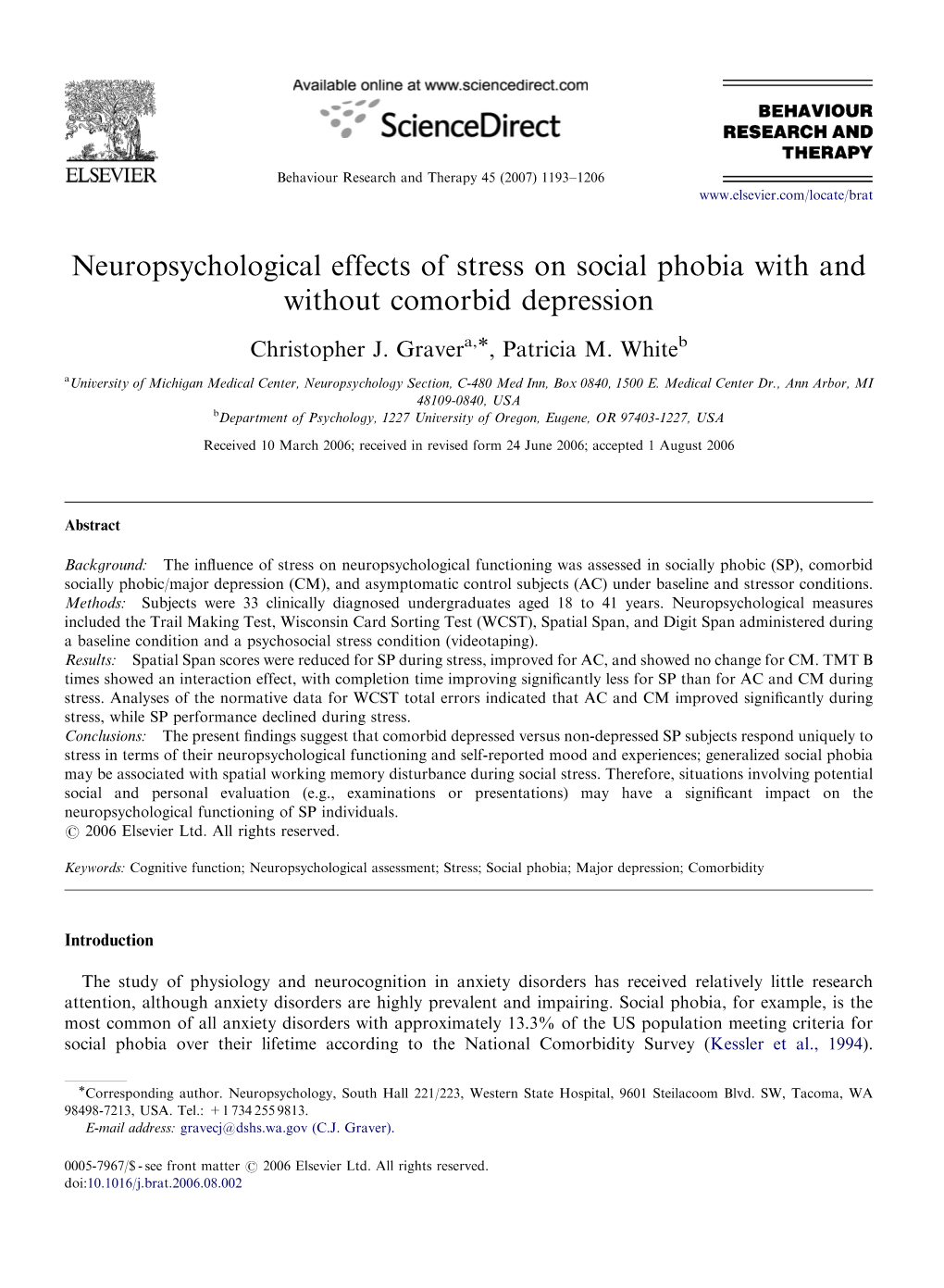 Neuropsychological Effects of Stress on Social Phobia with and Without Comorbid Depression