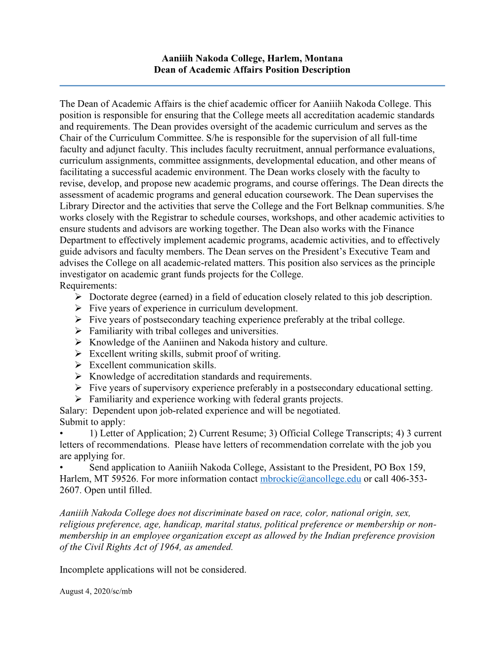 Aaniiih Nakoda College, Harlem, Montana Dean of Academic Affairs Position Description