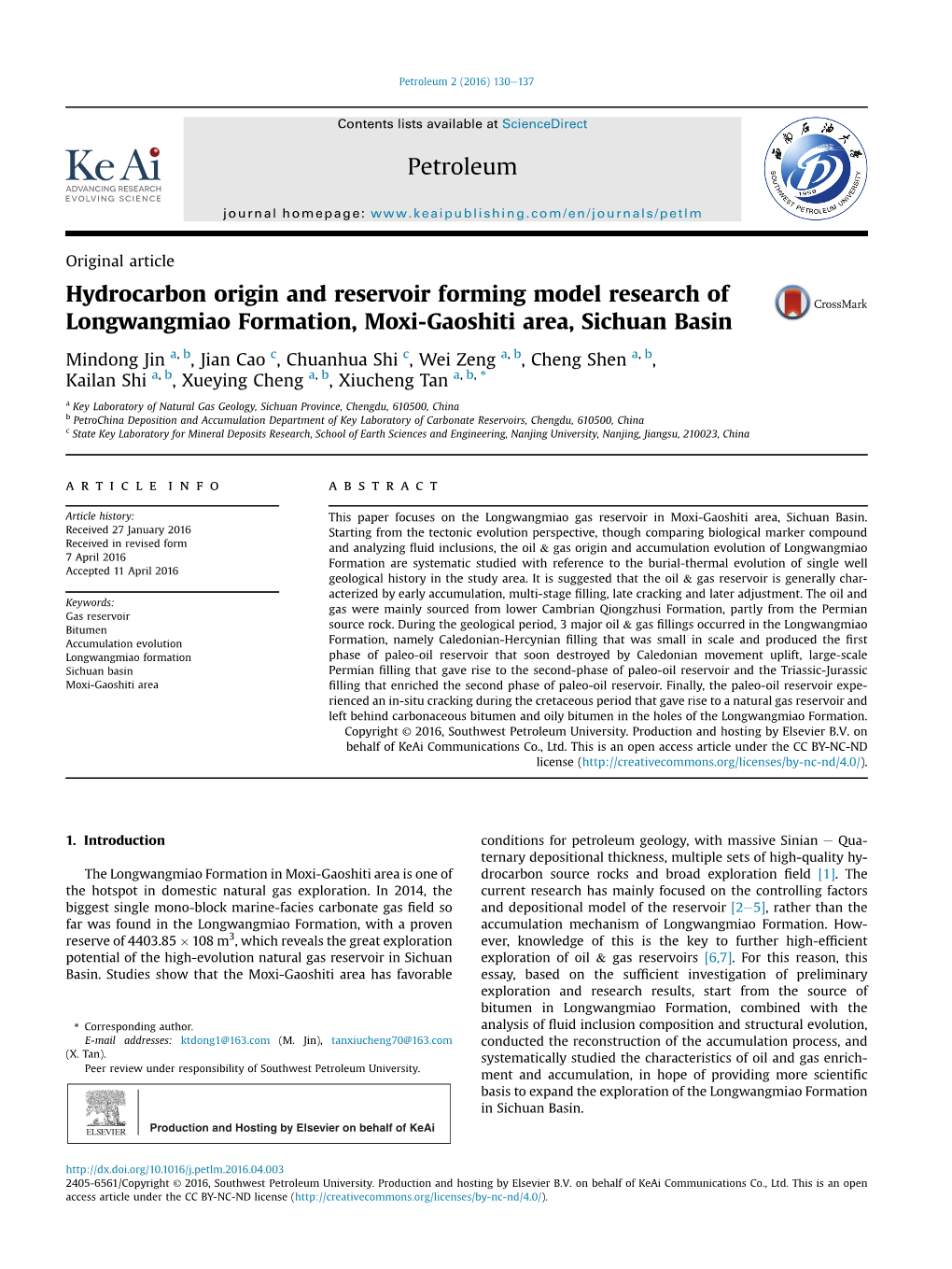 Hydrocarbon Origin and Reservoir Forming Model Research of Longwangmiao Formation, Moxi-Gaoshiti Area, Sichuan Basin