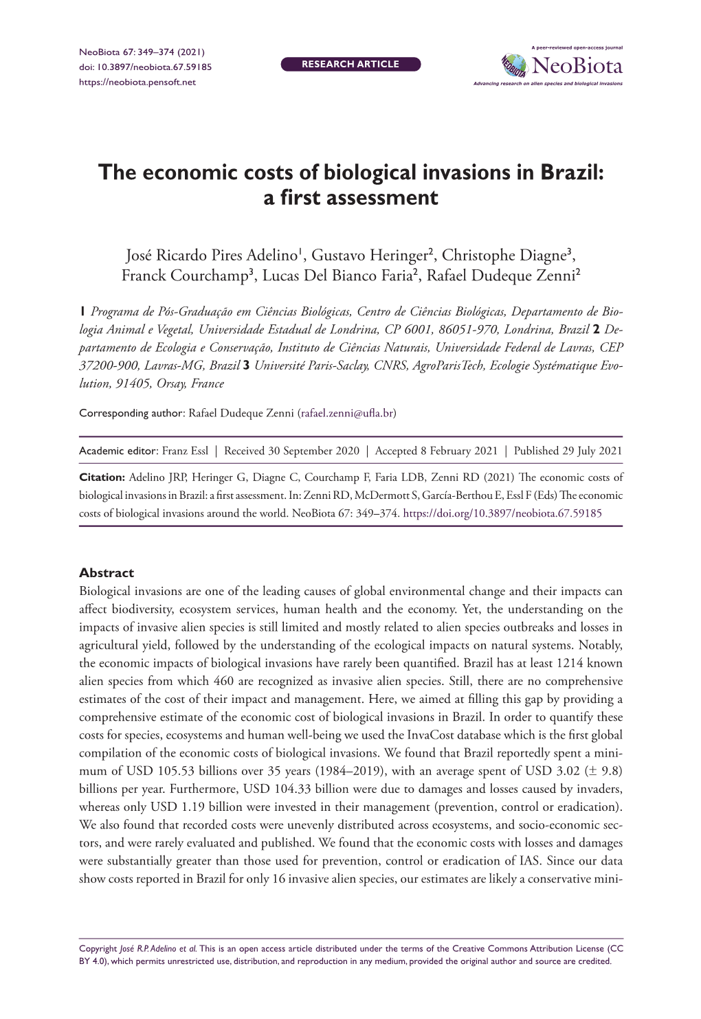 The Economic Costs of Biological Invasions in Brazil: a First Assessment