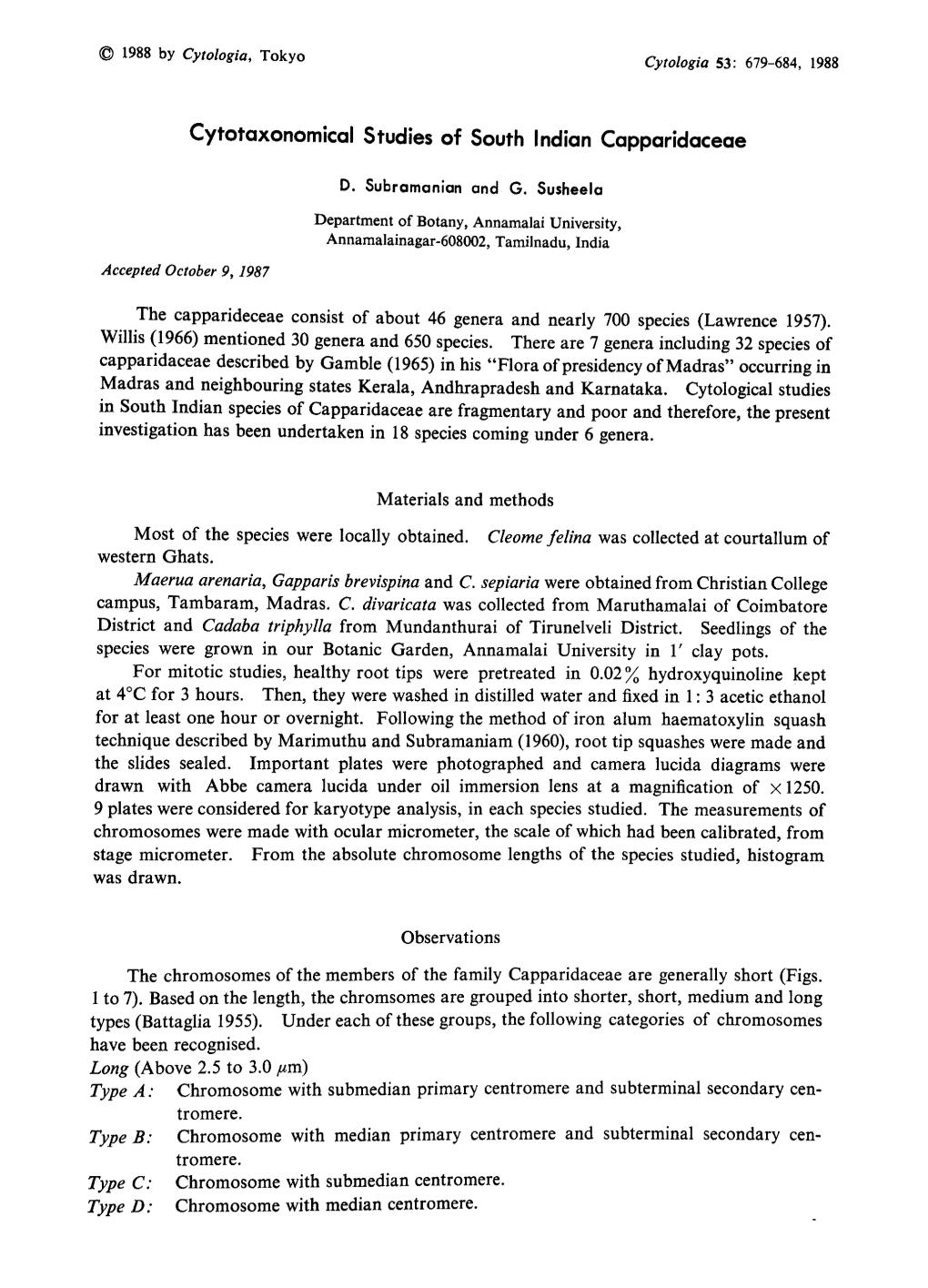 Cytotaxonomical Studies of South Indian Capparidaceae