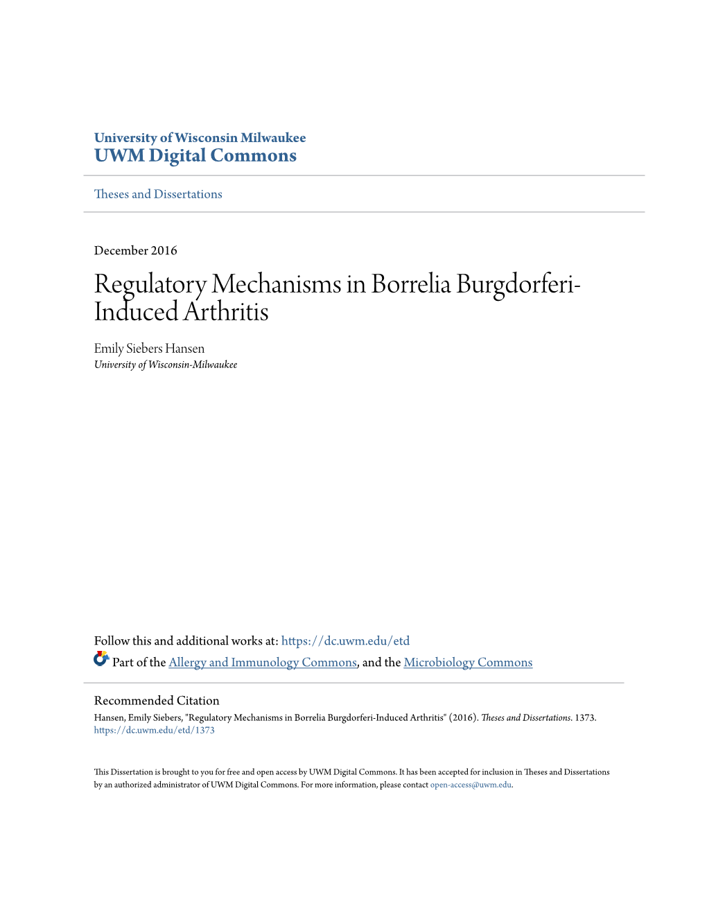 Regulatory Mechanisms in Borrelia Burgdorferi-Induced Arthritis" (2016)