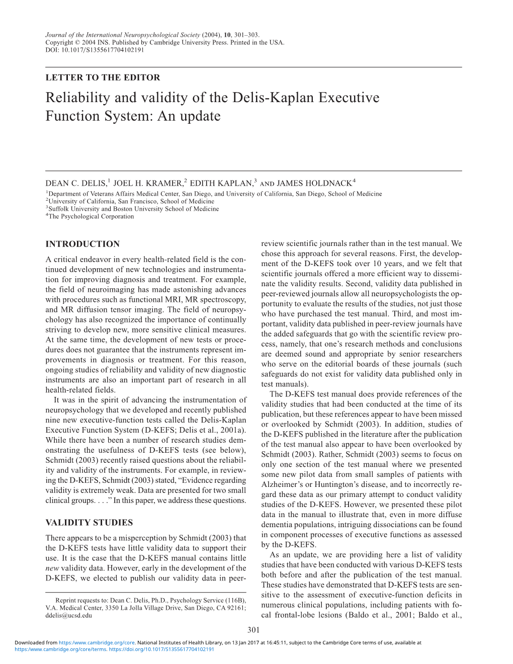 Reliability and Validity of the Delis-Kaplan Executive Function System: an Update