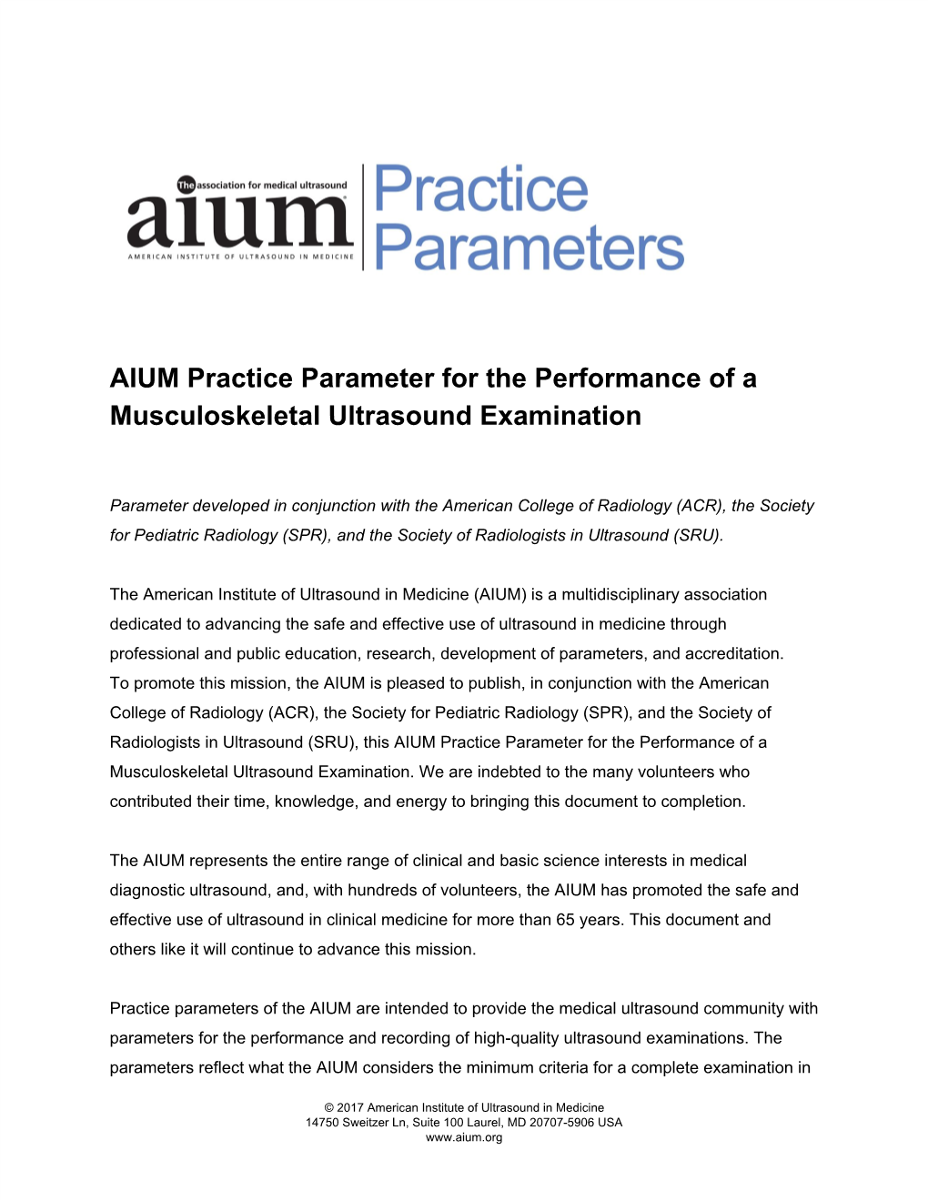 AIUM Practice Parameter for the Performance of a Musculoskeletal Ultrasound Examination