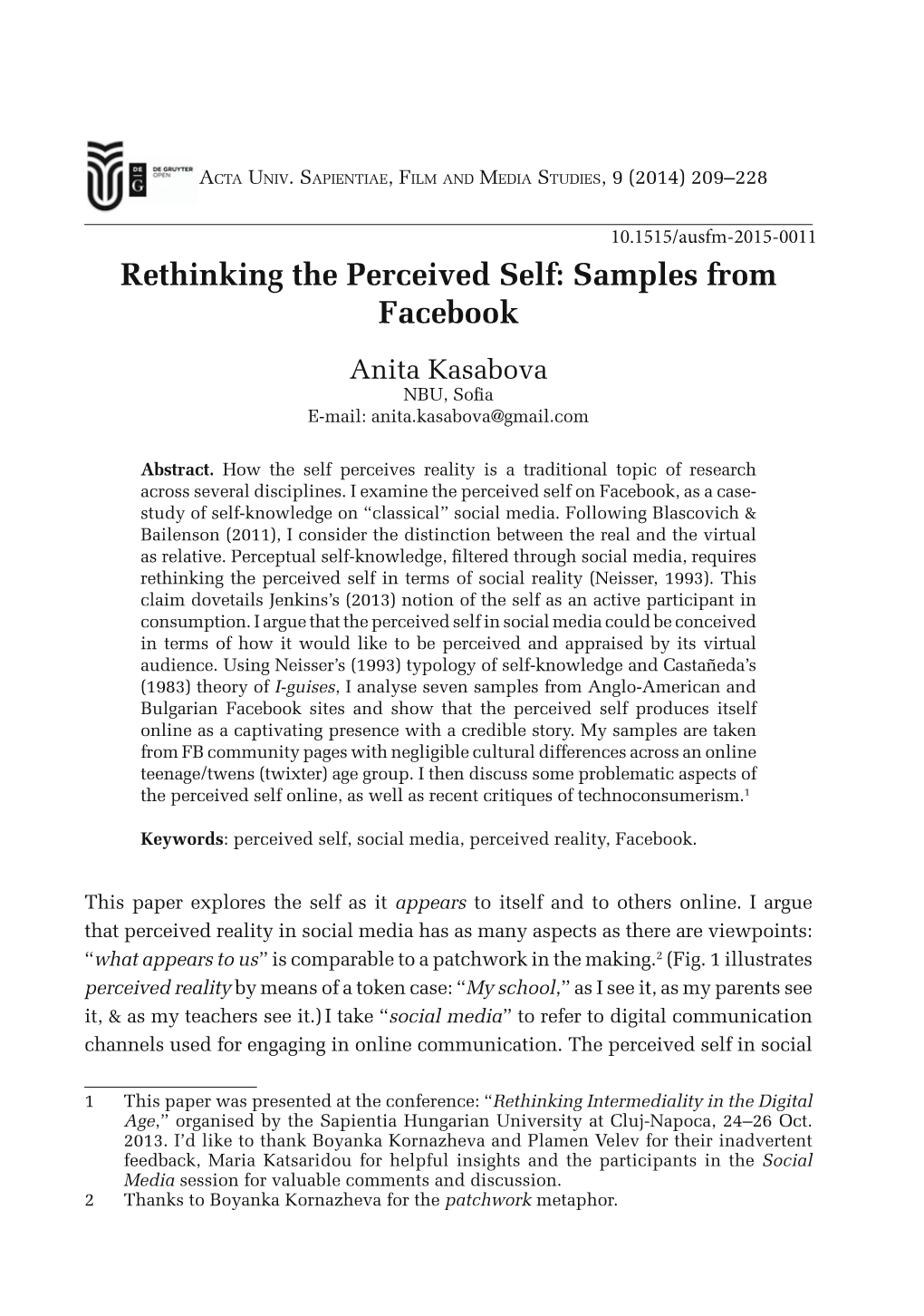 Rethinking the Perceived Self: Samples from Facebook Anita Kasabova ."5 3Ola E-Mail: Anita.Kasabova@Gmail.Com