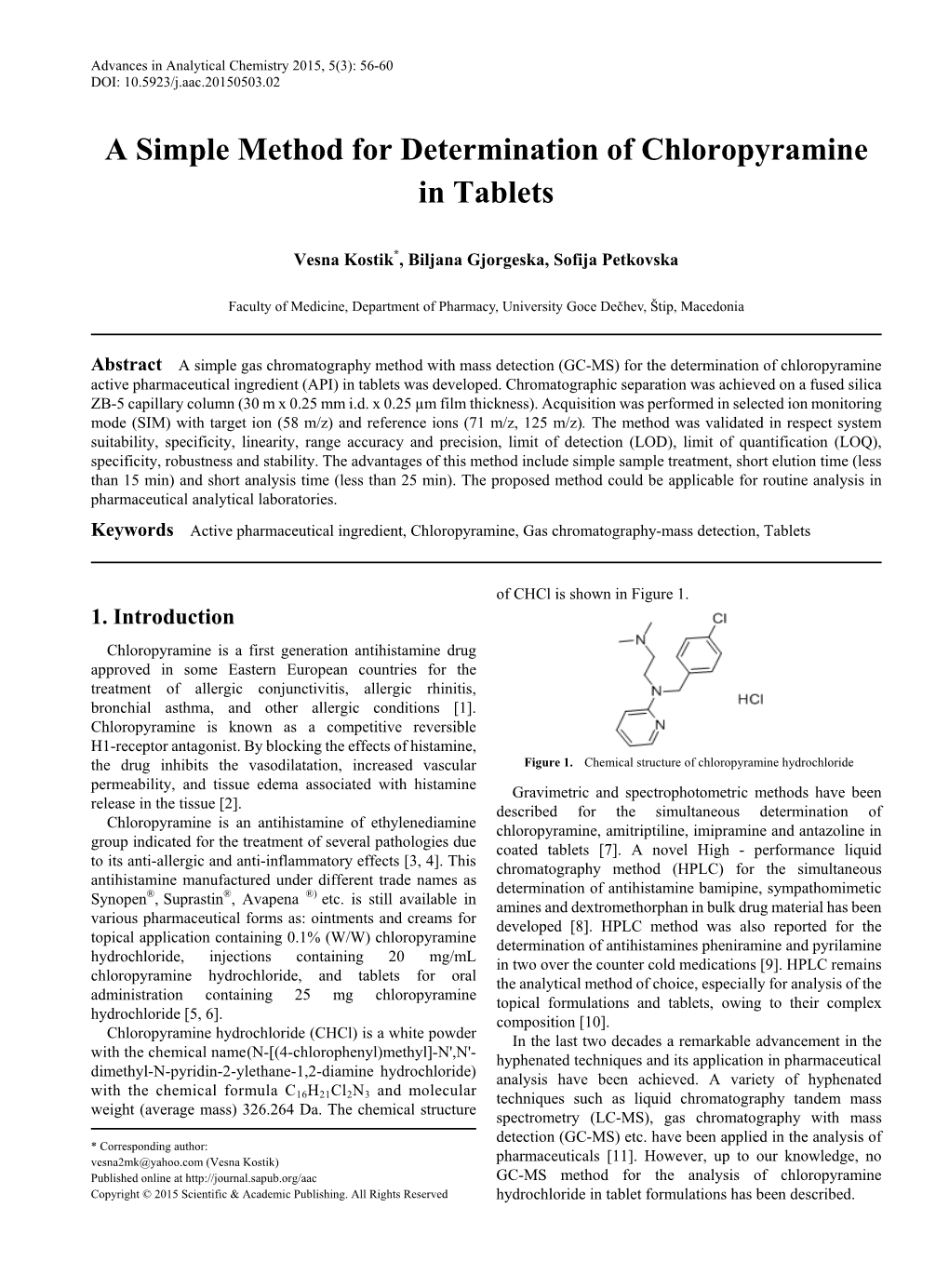 A Simple Method for Determination of Chloropyramine in Tablets