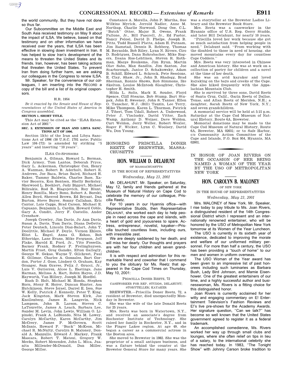 CONGRESSIONAL RECORD— Extensions of Remarks E911 HON. WILLIAM D. DELAHUNT HON. CAROLYN B. MALONEY