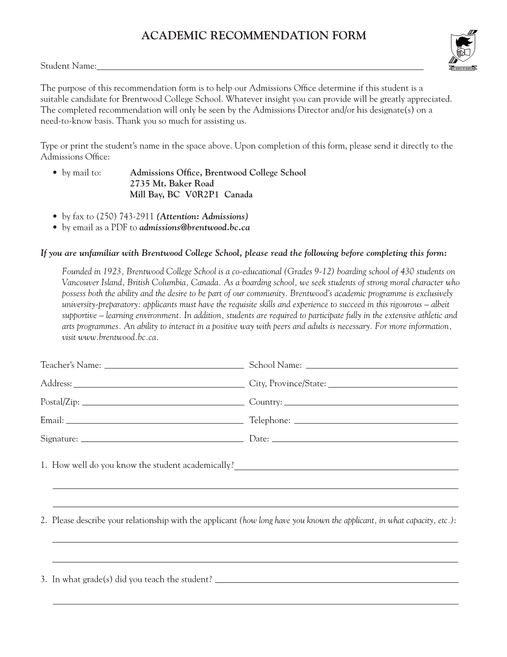 Academic Recommendation Form