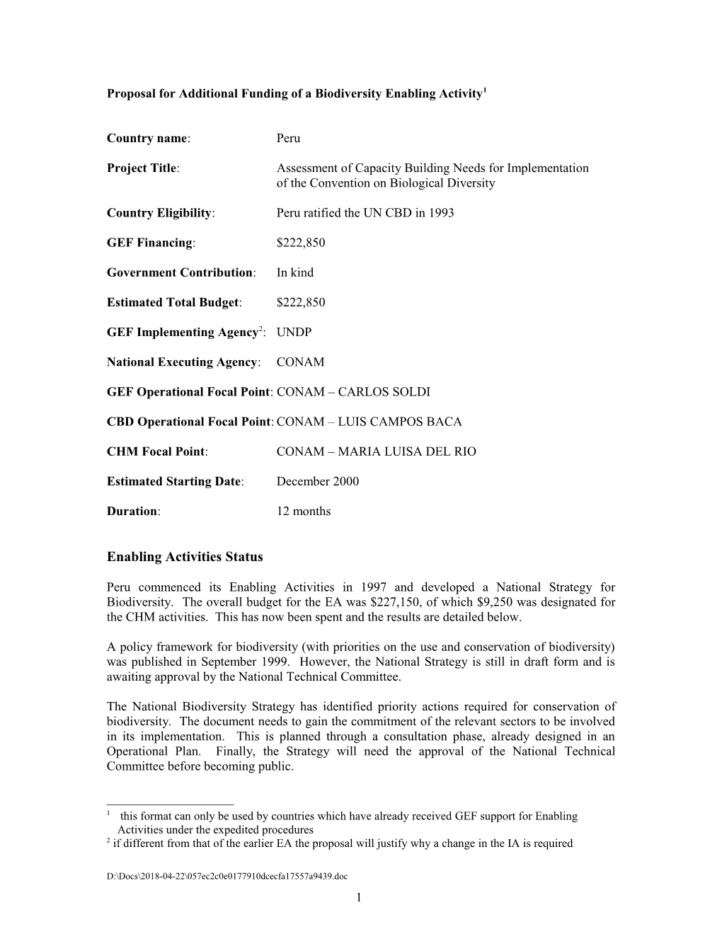 Standard Format for Additional Biodiversity EA Funding Request