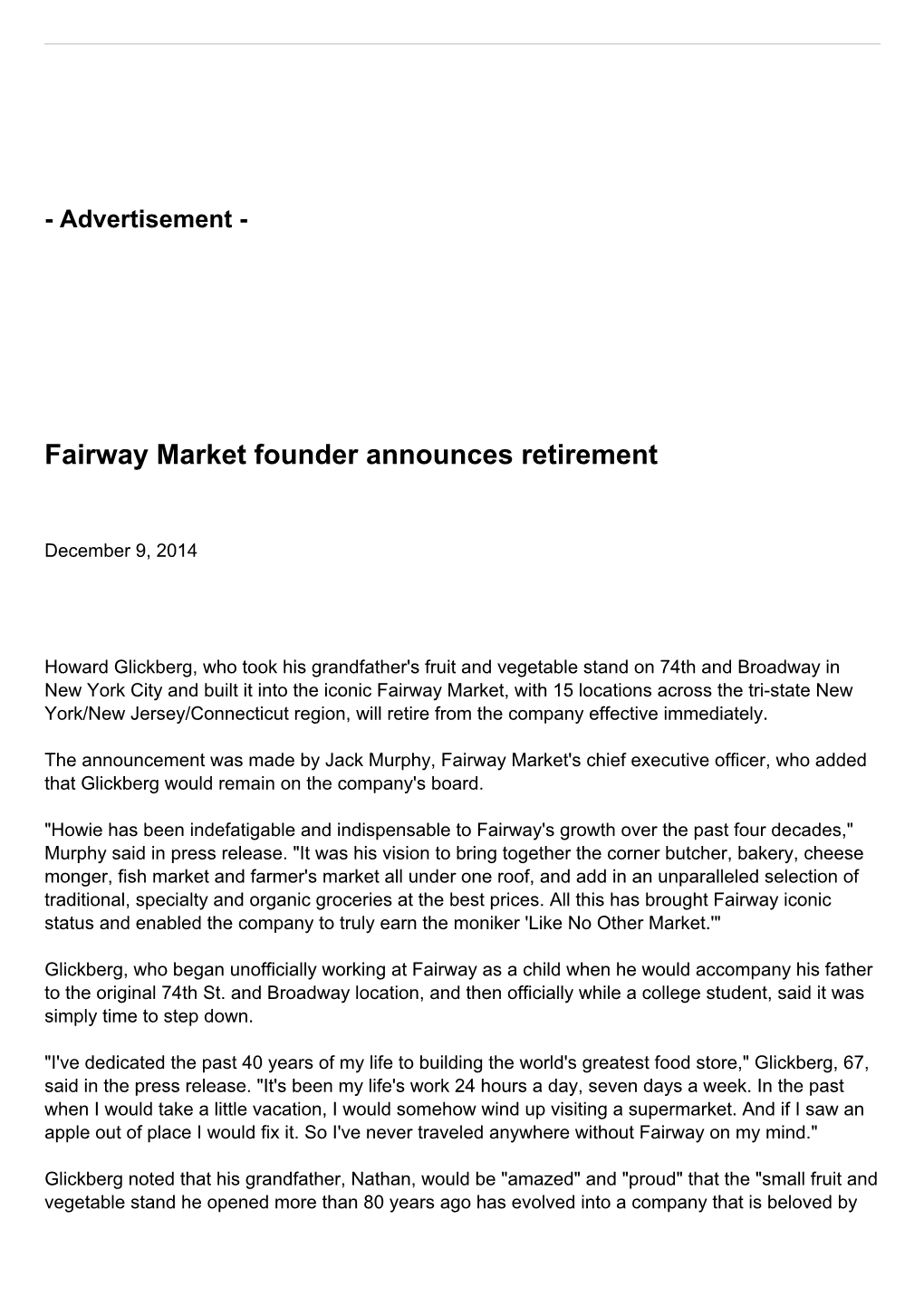 Fairway Market Founder Announces Retirement