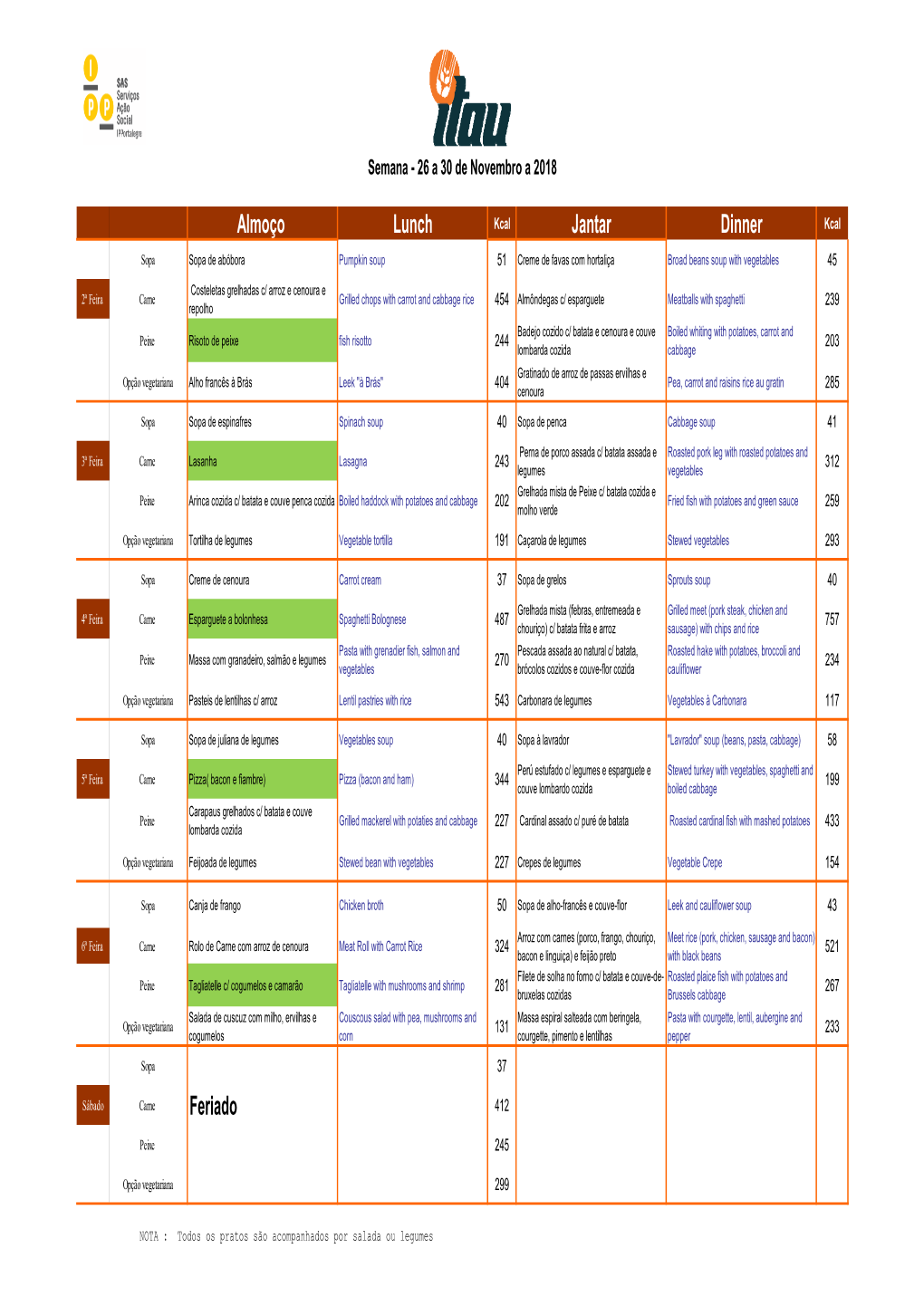 Ementas IPP 6 Semanas 26 De Novembro a 5 De Janeiro De 2019