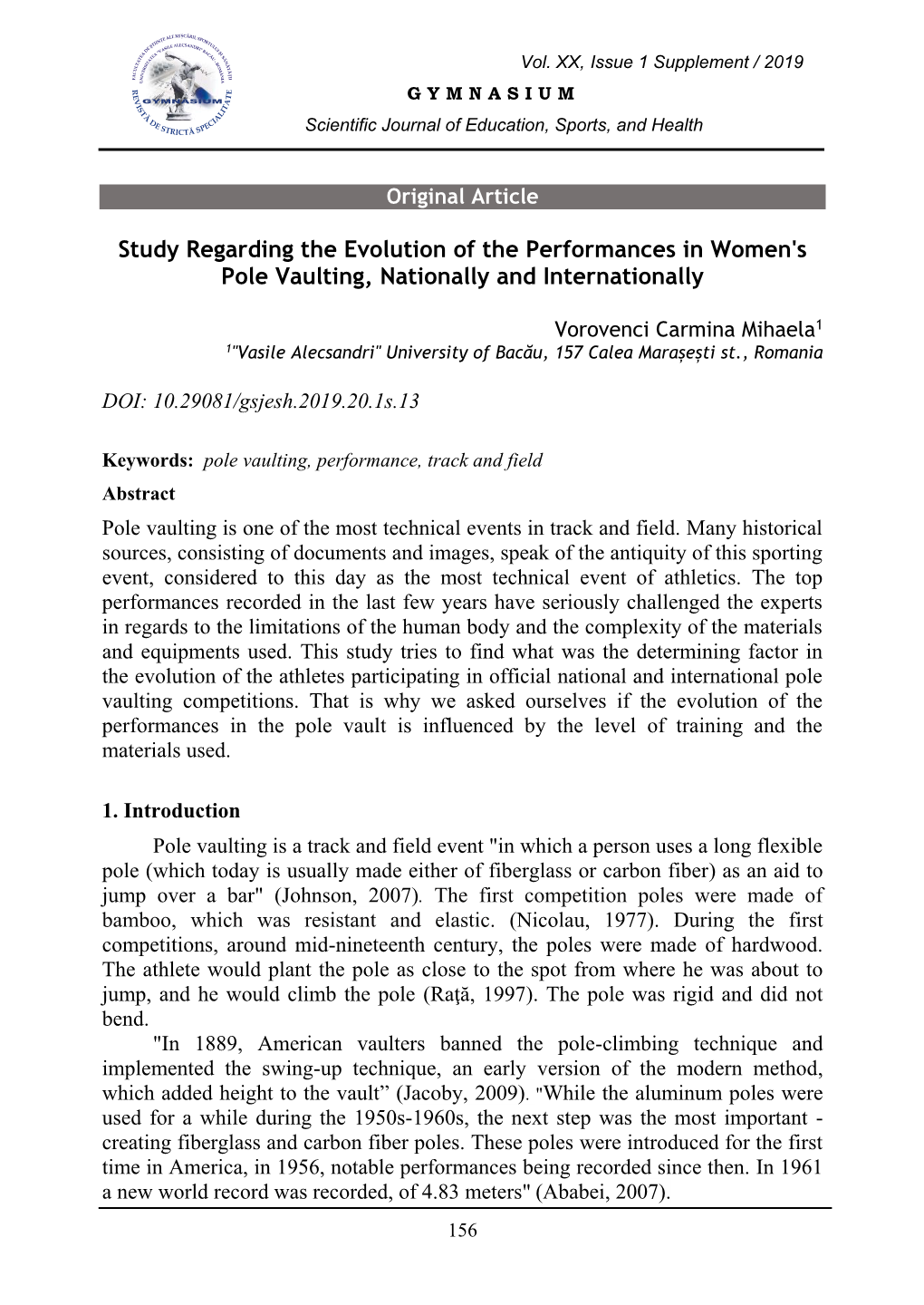 Study Regarding the Evolution of the Performances in Women's Pole Vaulting, Nationally and Internationally