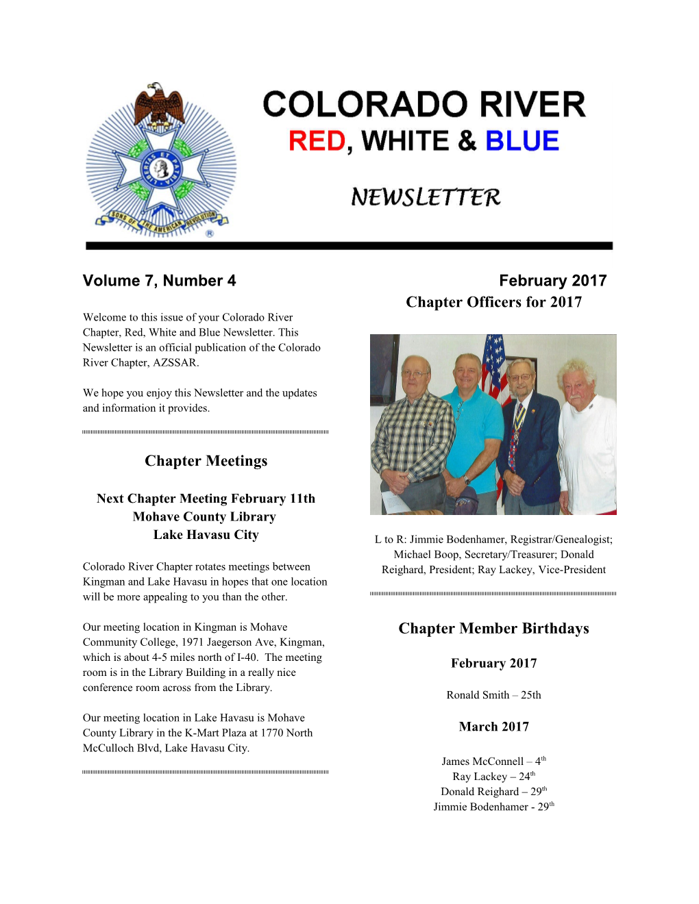 Volume 7, Number 4 Chapter Meetings February 2017 Chapter