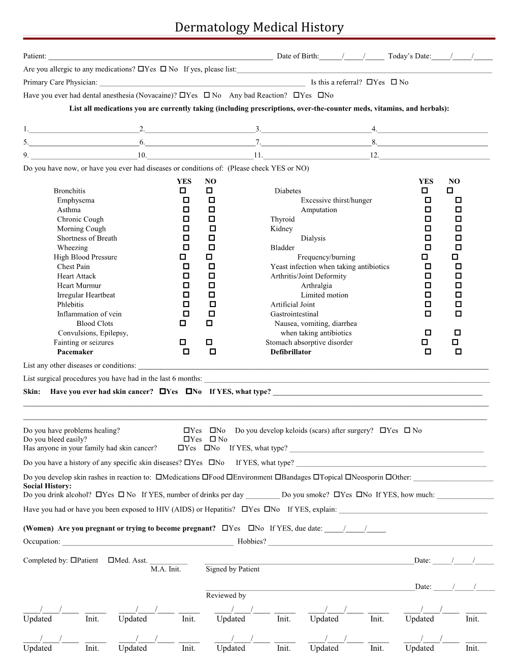 Dermatology Medical History