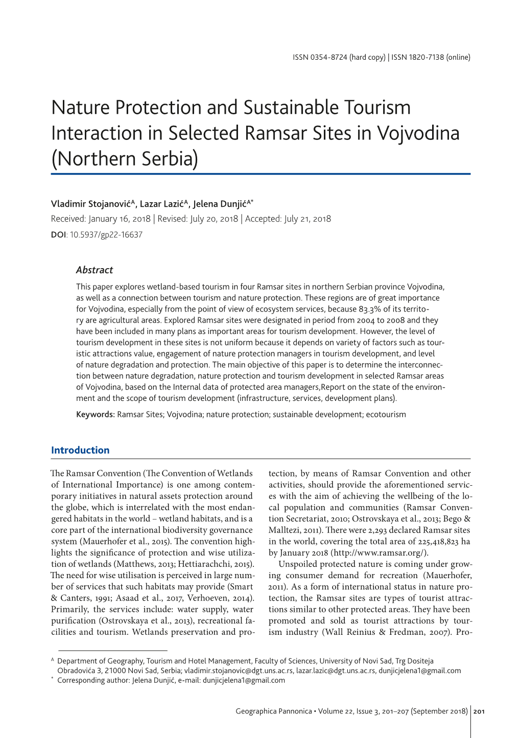 Nature Protection and Sustainable Tourism Interaction in Selected Ramsar Sites in Vojvodina (Northern Serbia)