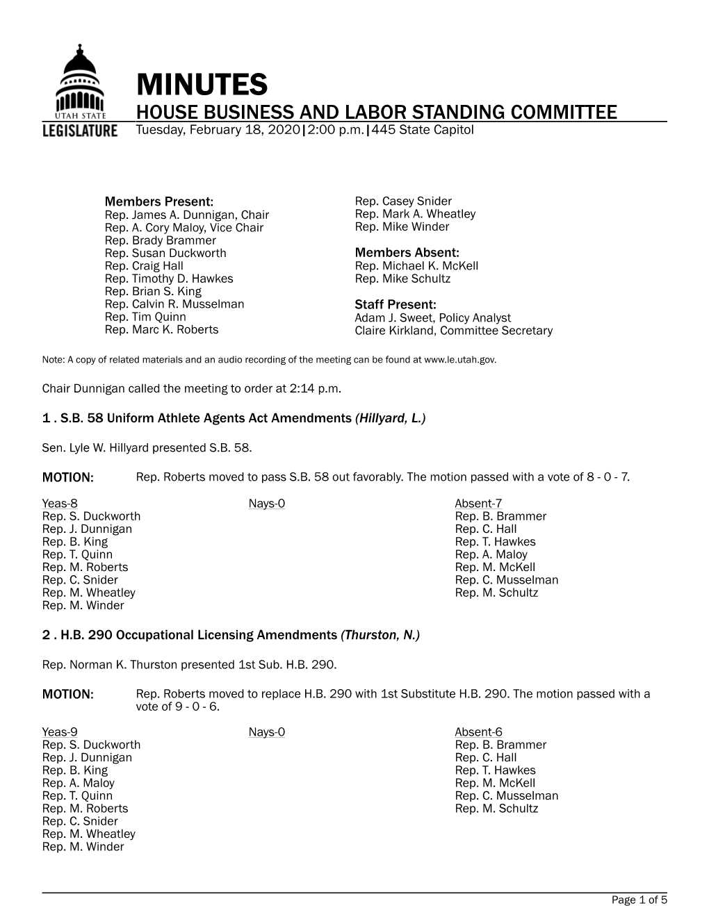 MINUTES HOUSE BUSINESS and LABOR STANDING COMMITTEE Tuesday, February 18, 2020|2:00 P.M.|445 State Capitol